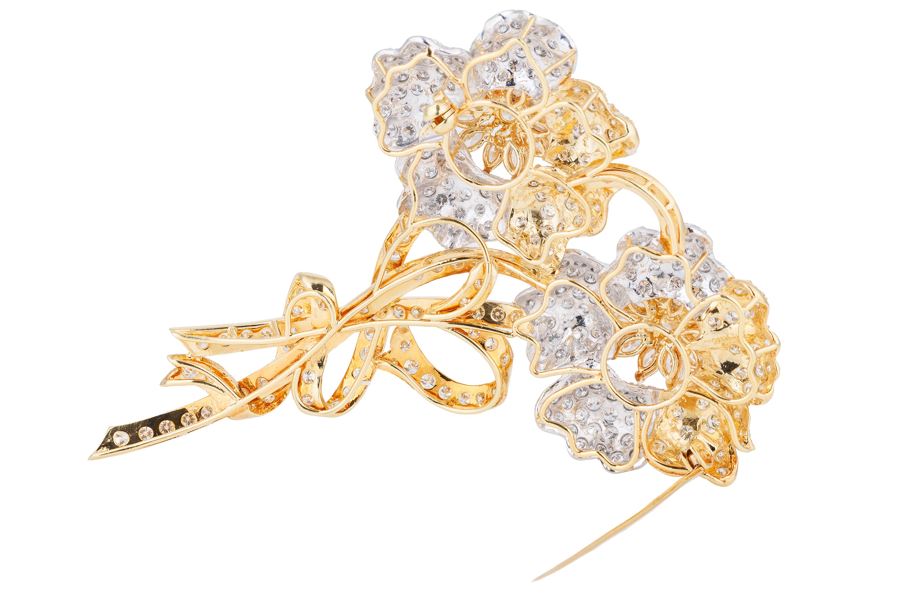 Two-Tone Daimond Floral Brooch | 18k Yellow & White Gold | Marquise & Round Diamonds