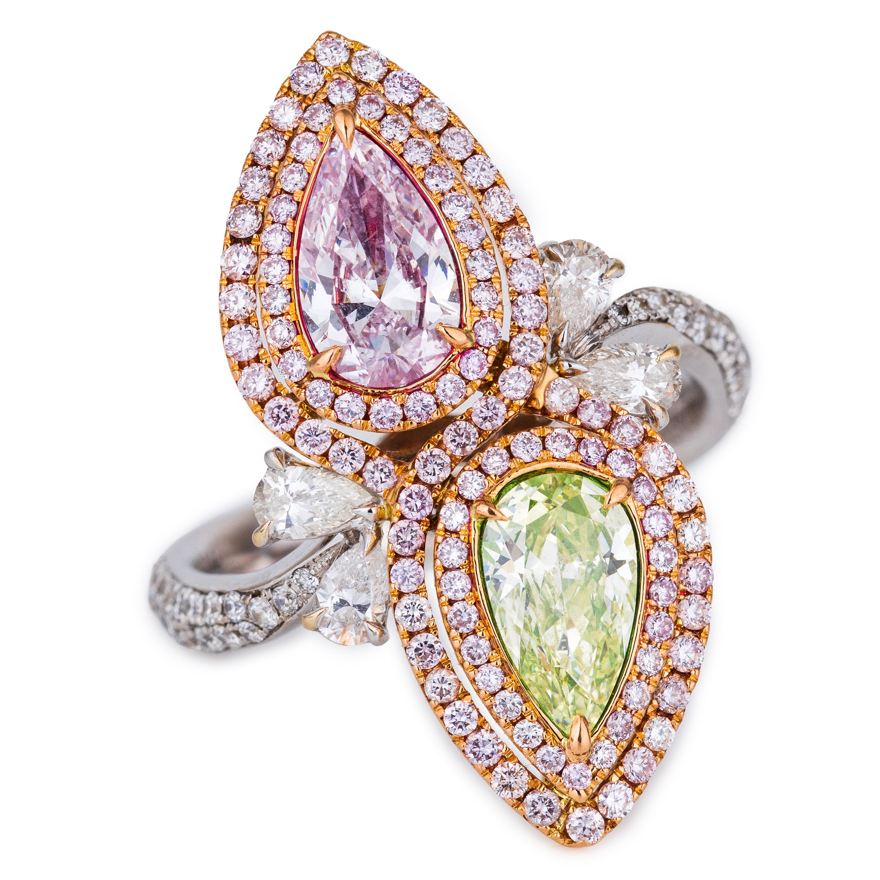 Pink & Green Pear-Shaped Diamond & Sapphire Ring | 18k White & Rose Gold