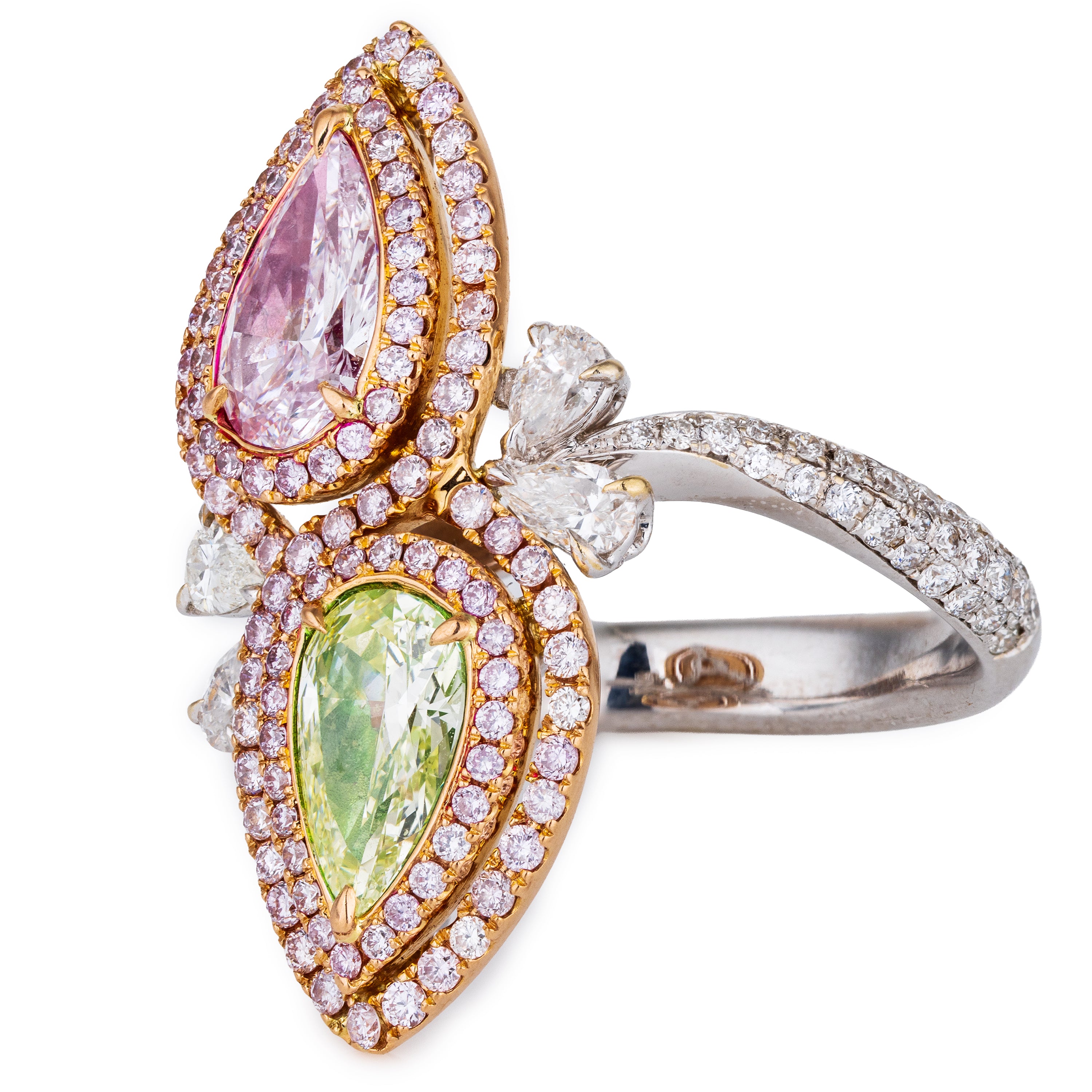 Pink & Green Pear-Shaped Diamond & Sapphire Ring | 18k White & Rose Gold