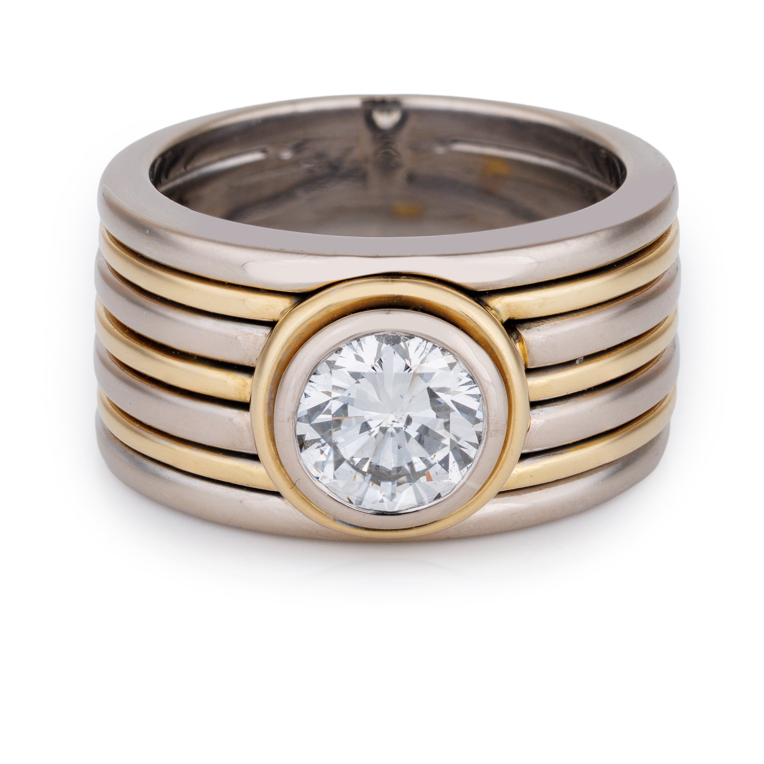 Dual Tone Ribbed Diamond Ring | 18k Yellow & White Gold
