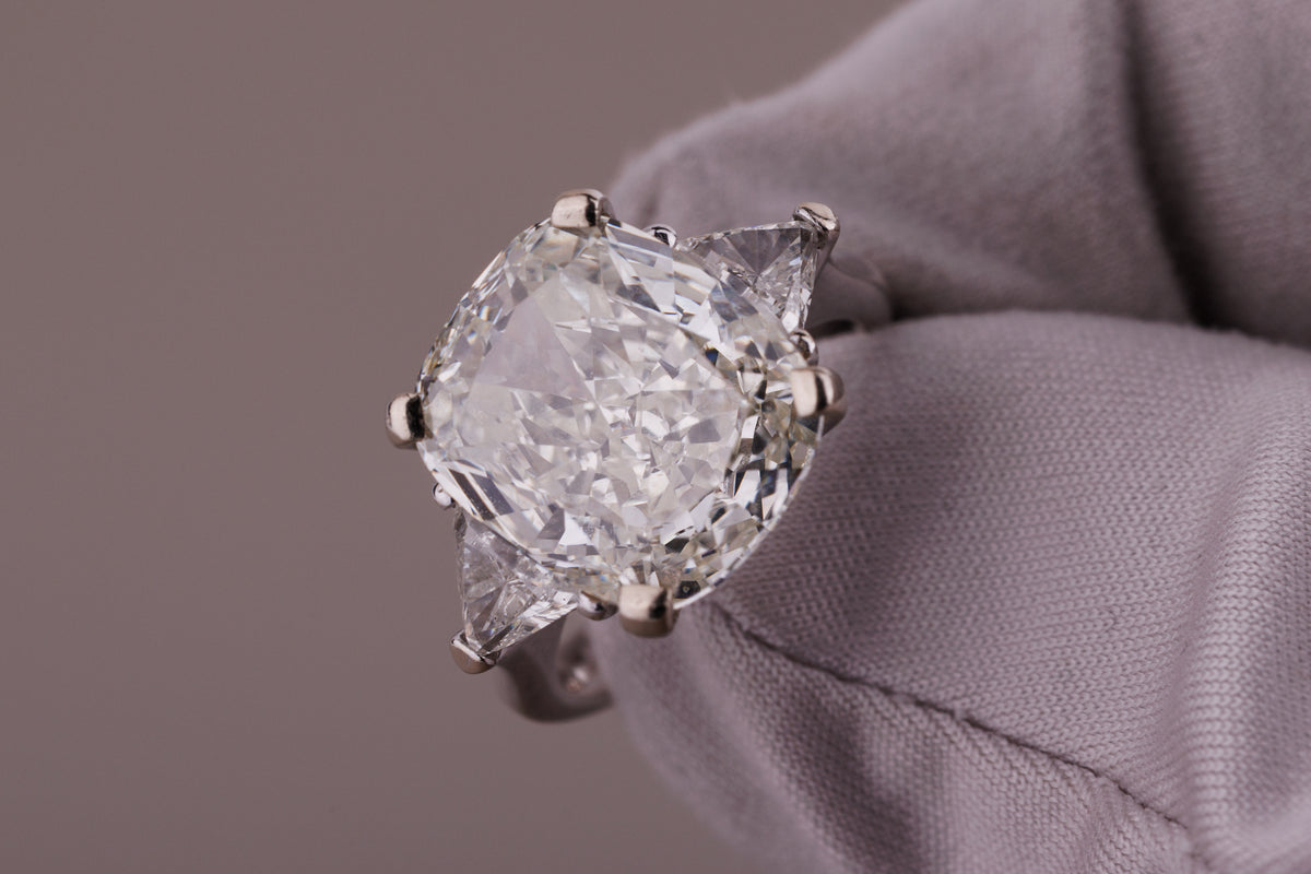 9.01 ct Cushion-Cut Diamond Three-Stone Engagement Ring | 18k White Gold | K Colour, VS2 Clarity | HRD Certified