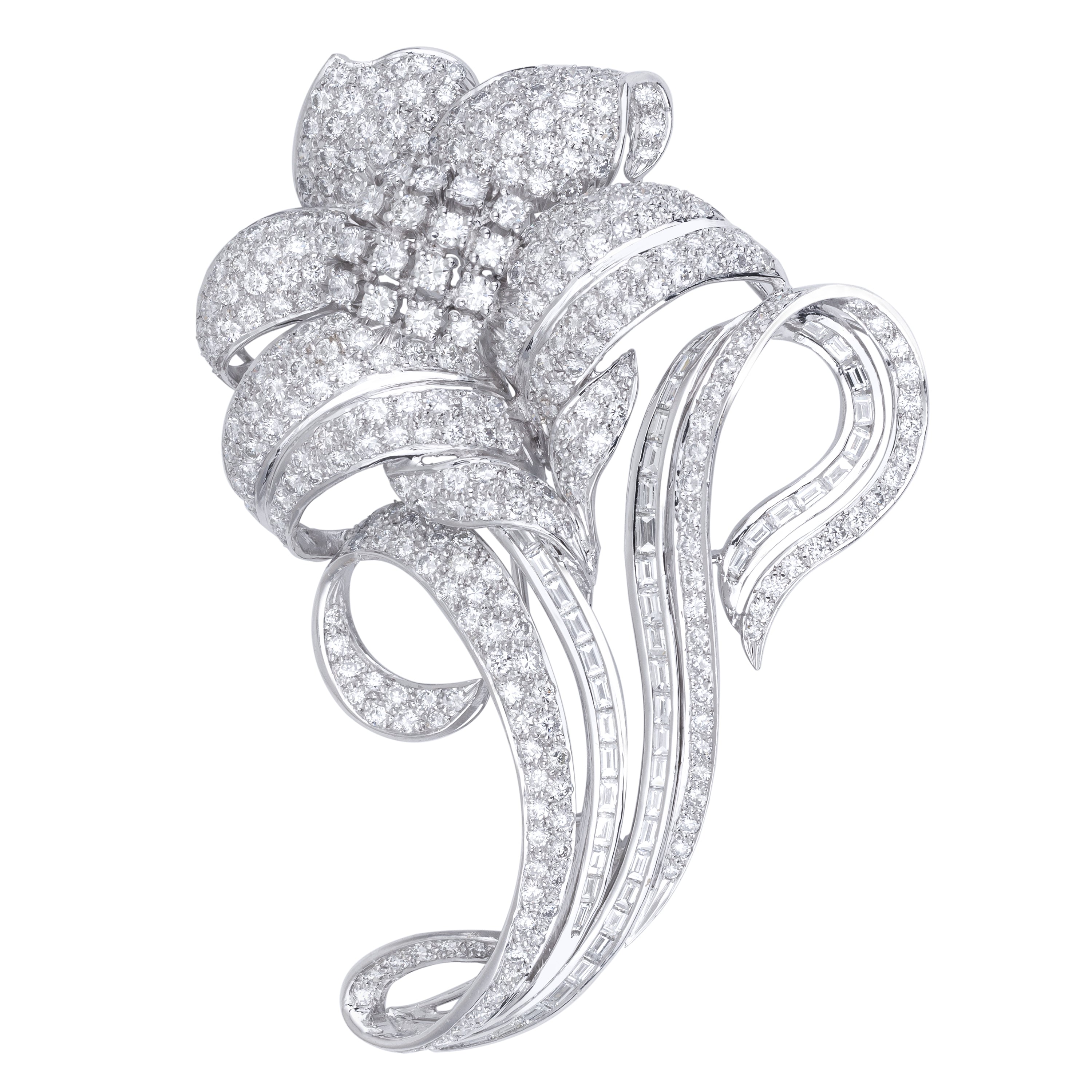 Pavé and Baguette Diamond Floral Brooch | 18k White Gold