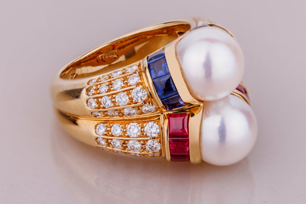 Bvlgari Doppio Cocktail Ring | Pearl, Ruby, Sapphire & Diamond | 18k Yellow Gold | 1980's