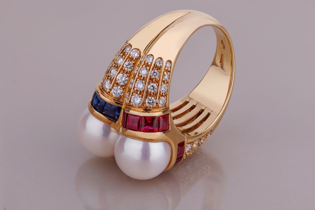 Bvlgari Doppio Cocktail Ring | Pearl, Ruby, Sapphire & Diamond | 18k Yellow Gold | 1980's