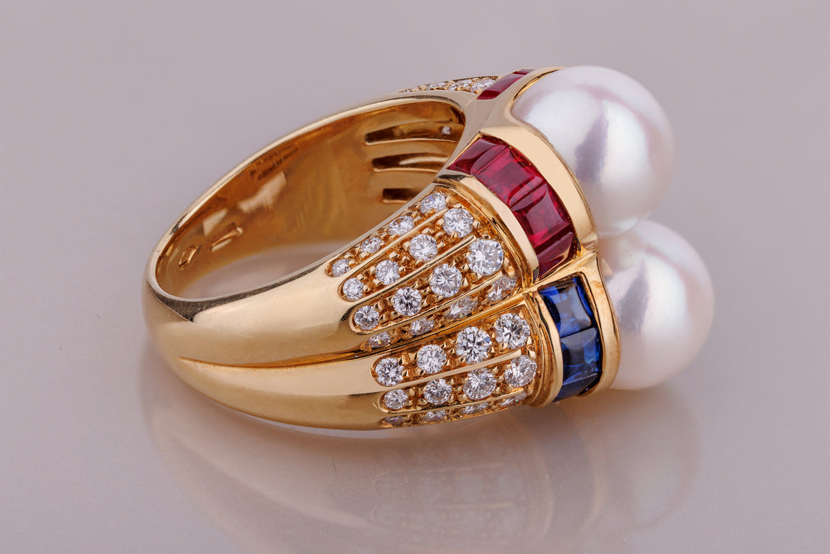 Bvlgari Doppio Cocktail Ring | Pearl, Ruby, Sapphire & Diamond | 18k Yellow Gold | 1980's