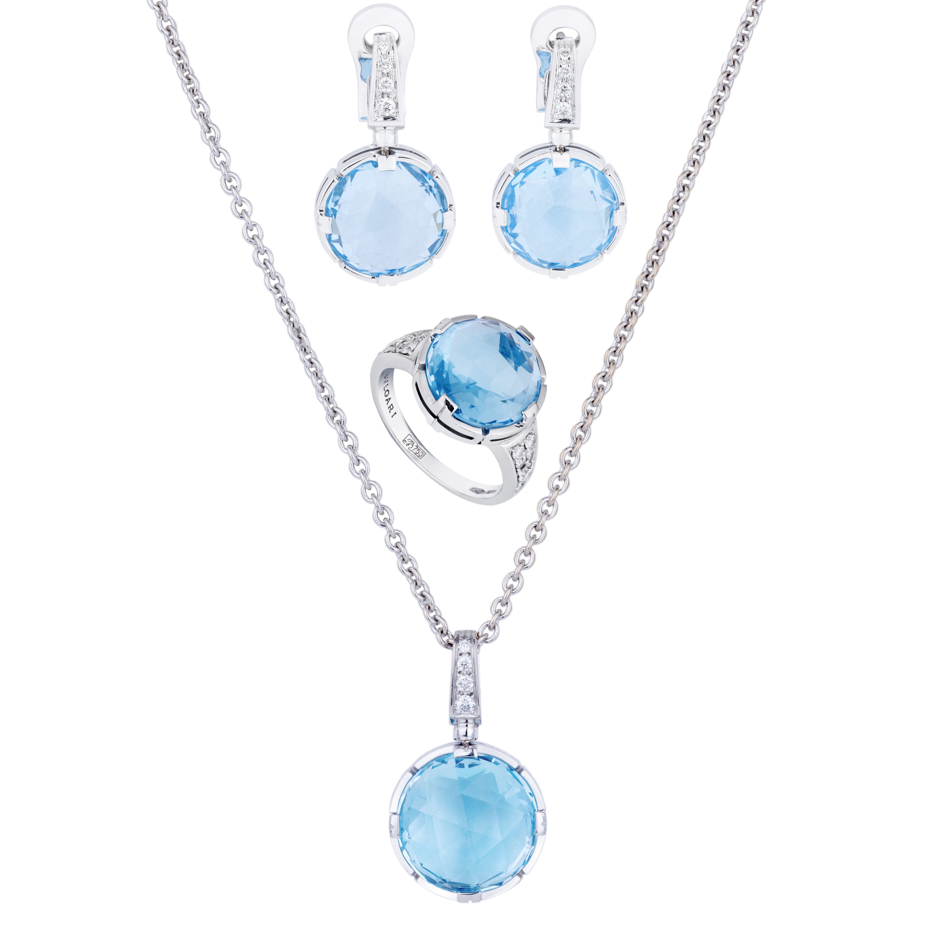 Bvlgari Parentesi Set | Necklace, Ring & Earrings | Blue Topaz & Diamond | 18k White Gold