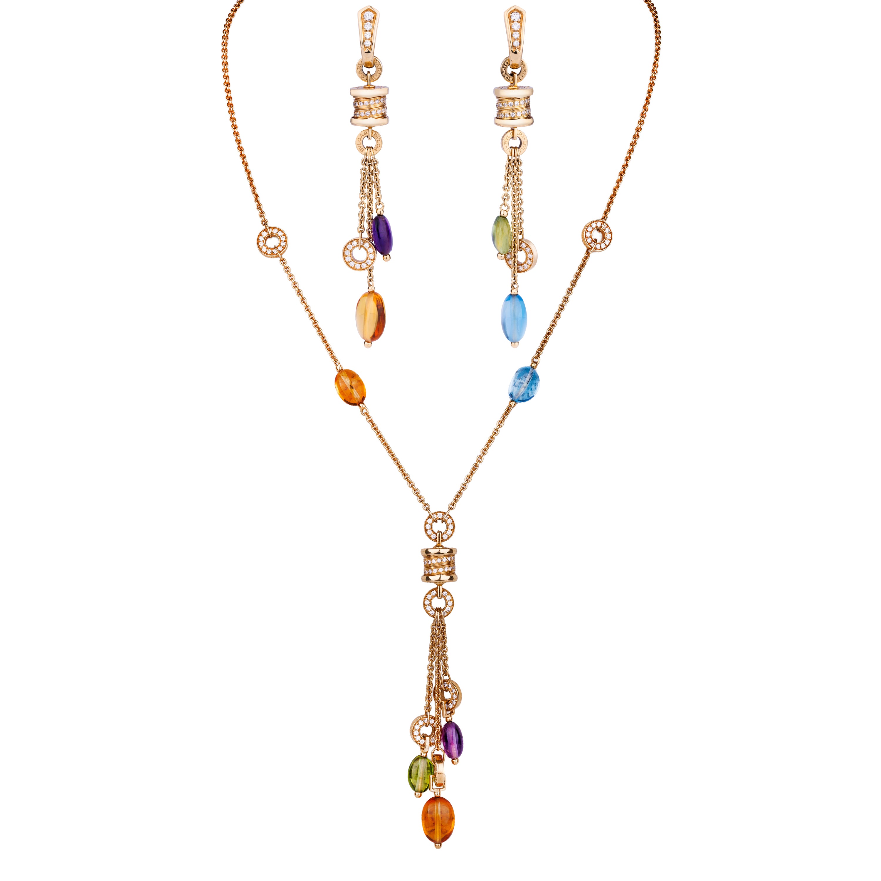 Bvlgari B.zero1 Multi-Gem & Diamond Suite | Lavalier Necklace & Earrings | 18k Yellow Gold