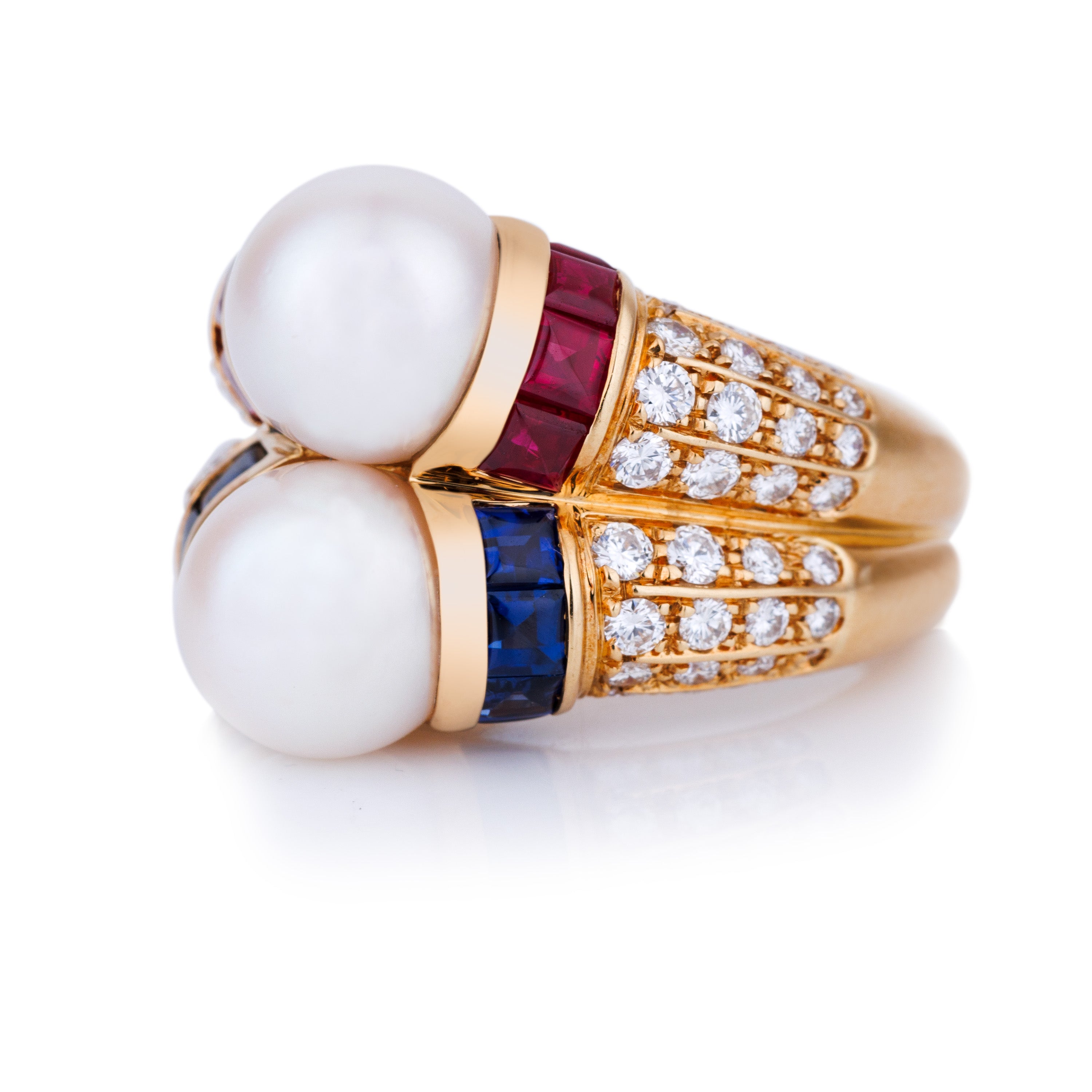 Bvlgari Doppio Cocktail Ring | Pearl, Ruby, Sapphire & Diamond | 18k Yellow Gold | 1980's
