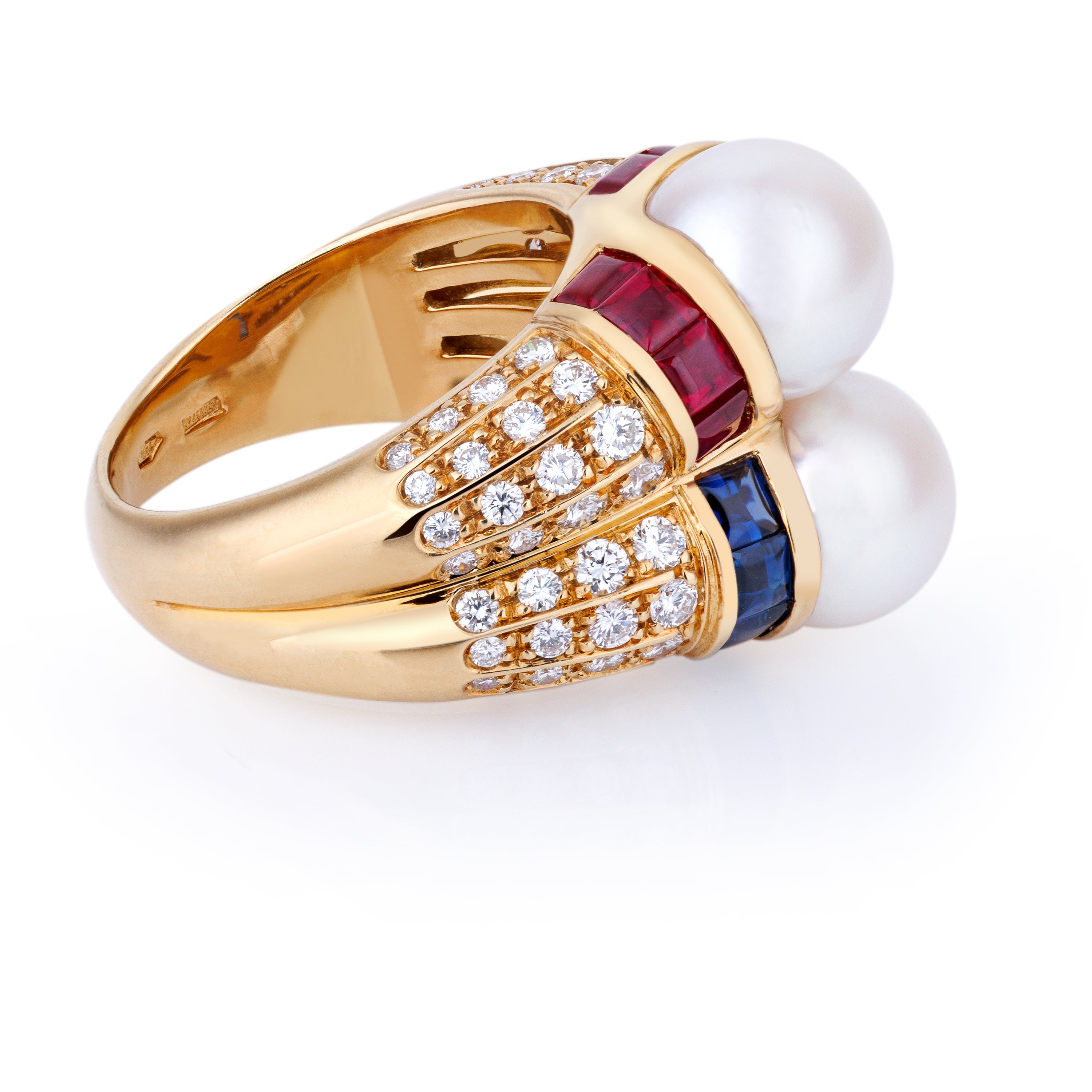 Bvlgari Doppio Cocktail Ring | Pearl, Ruby, Sapphire & Diamond | 18k Yellow Gold | 1980's