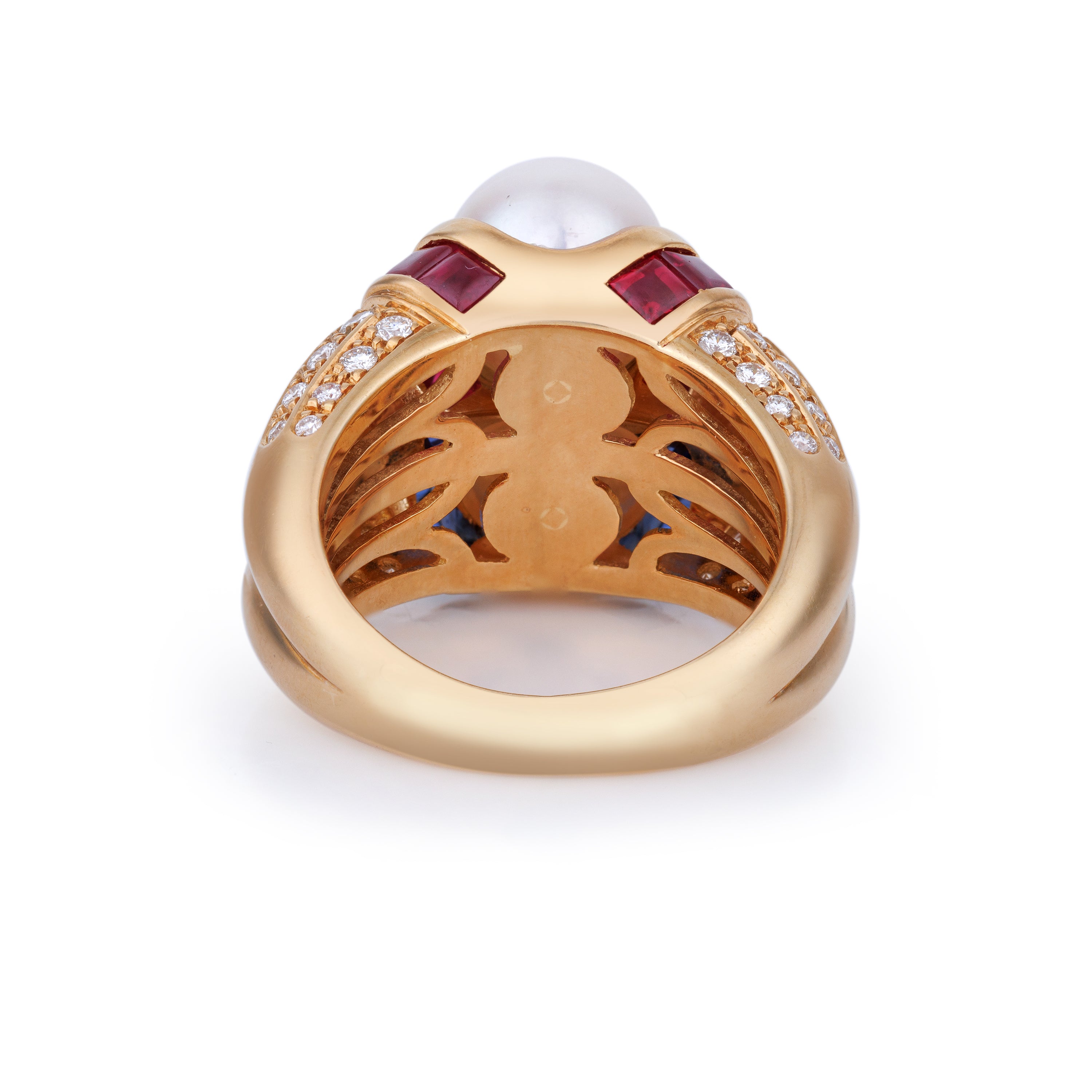 Bvlgari Doppio Cocktail Ring | Pearl, Ruby, Sapphire & Diamond | 18k Yellow Gold | 1980's