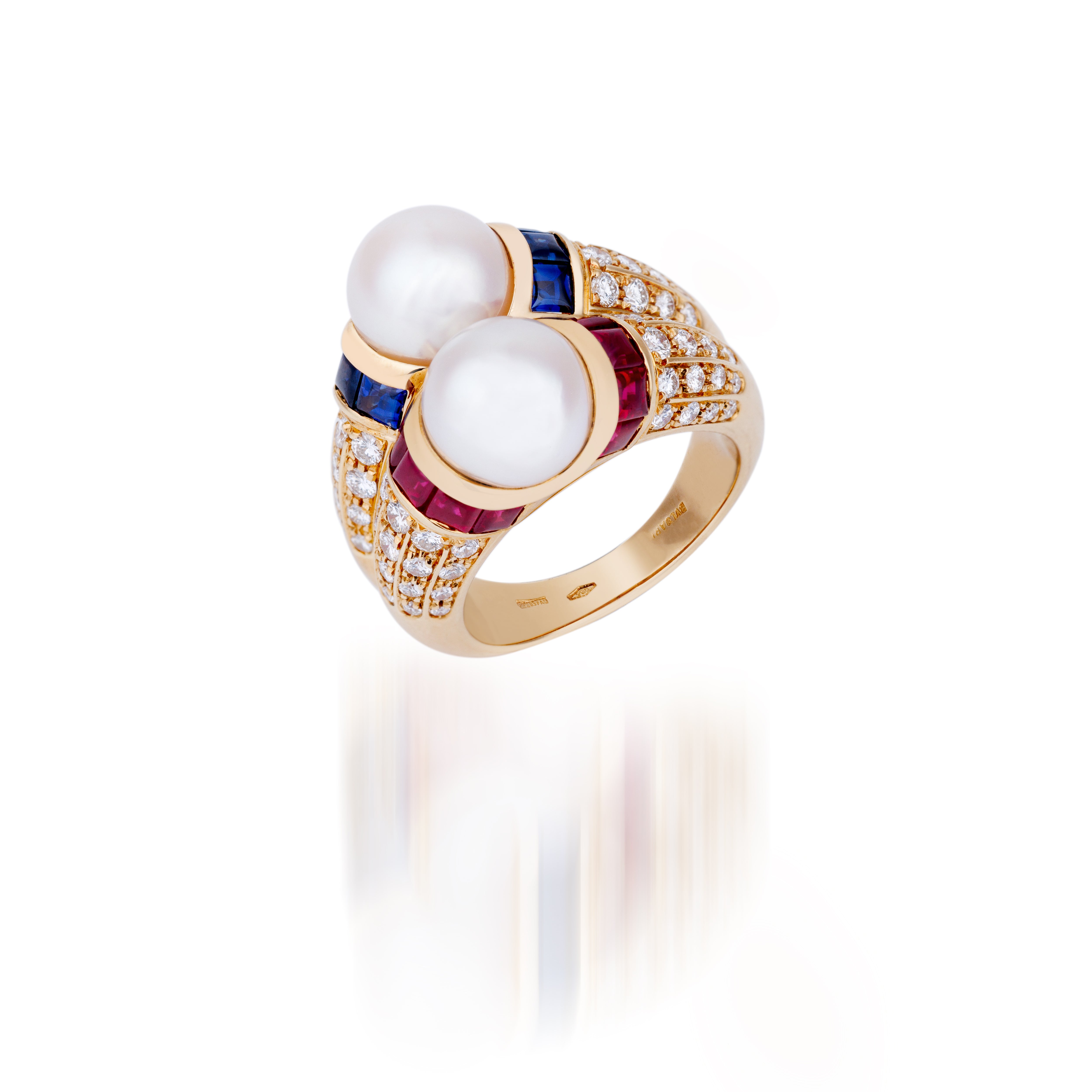 Bvlgari Doppio Cocktail Ring | Pearl, Ruby, Sapphire & Diamond | 18k Yellow Gold | 1980's