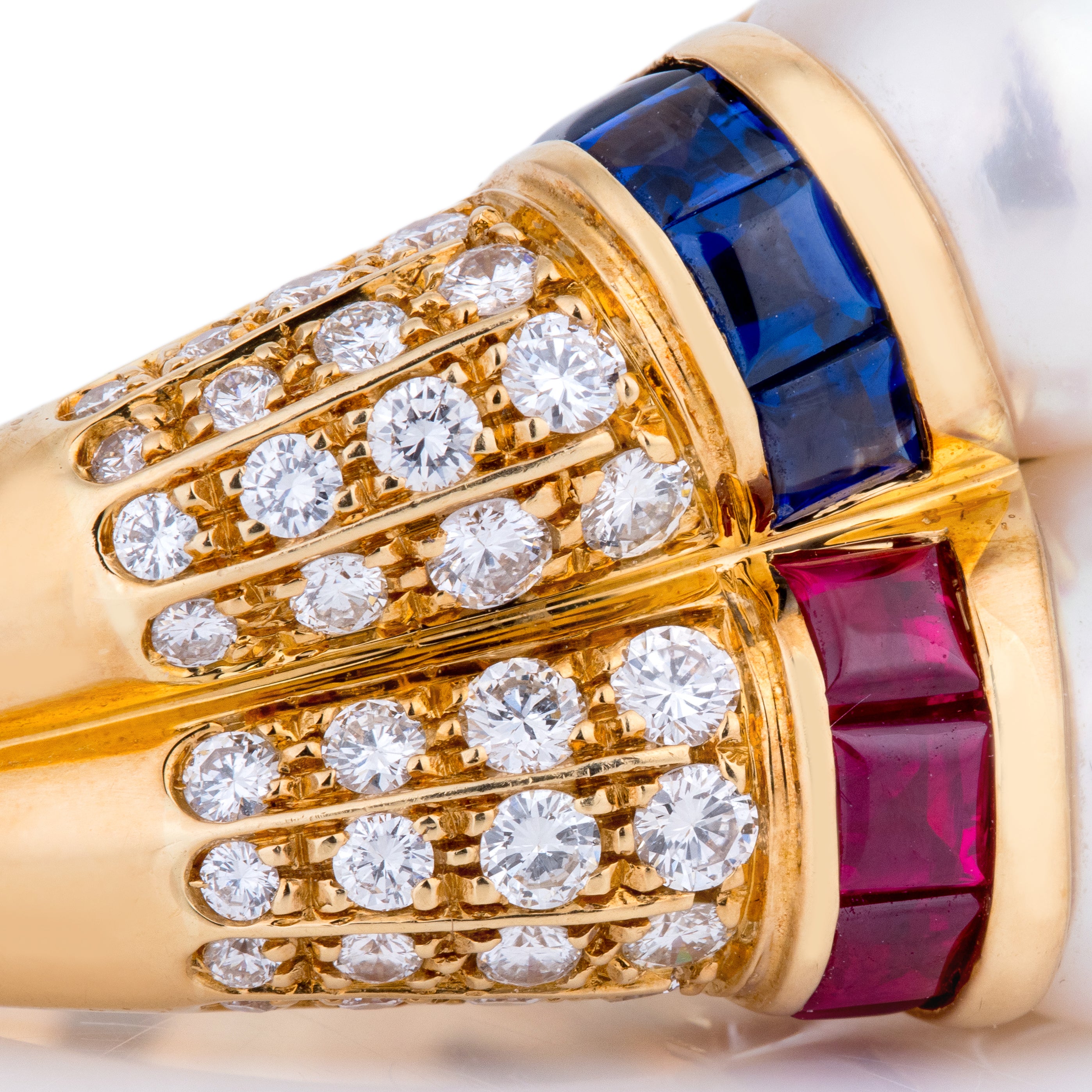 Bvlgari Doppio Cocktail Ring | Pearl, Ruby, Sapphire & Diamond | 18k Yellow Gold | 1980's