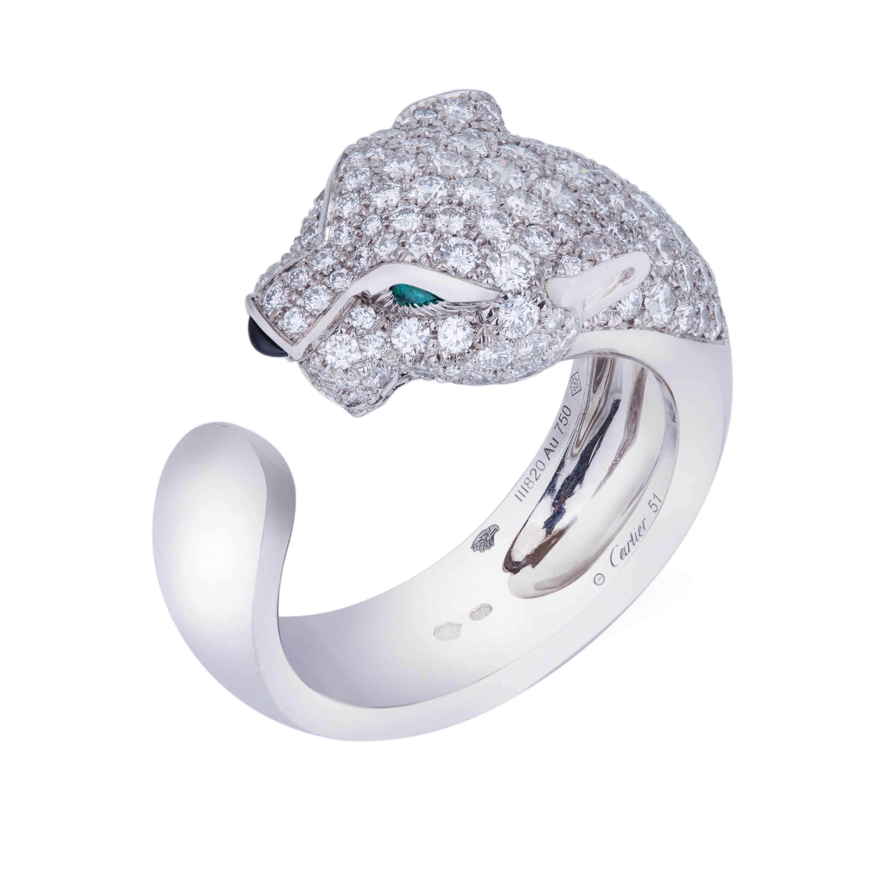 Cartier Panthère De Cartier Ring, Medium Model | Semi-Paved Diamond, Emerald & Onyx | Medium Model | 18k White Gold | Size 51 | Papers | 2020