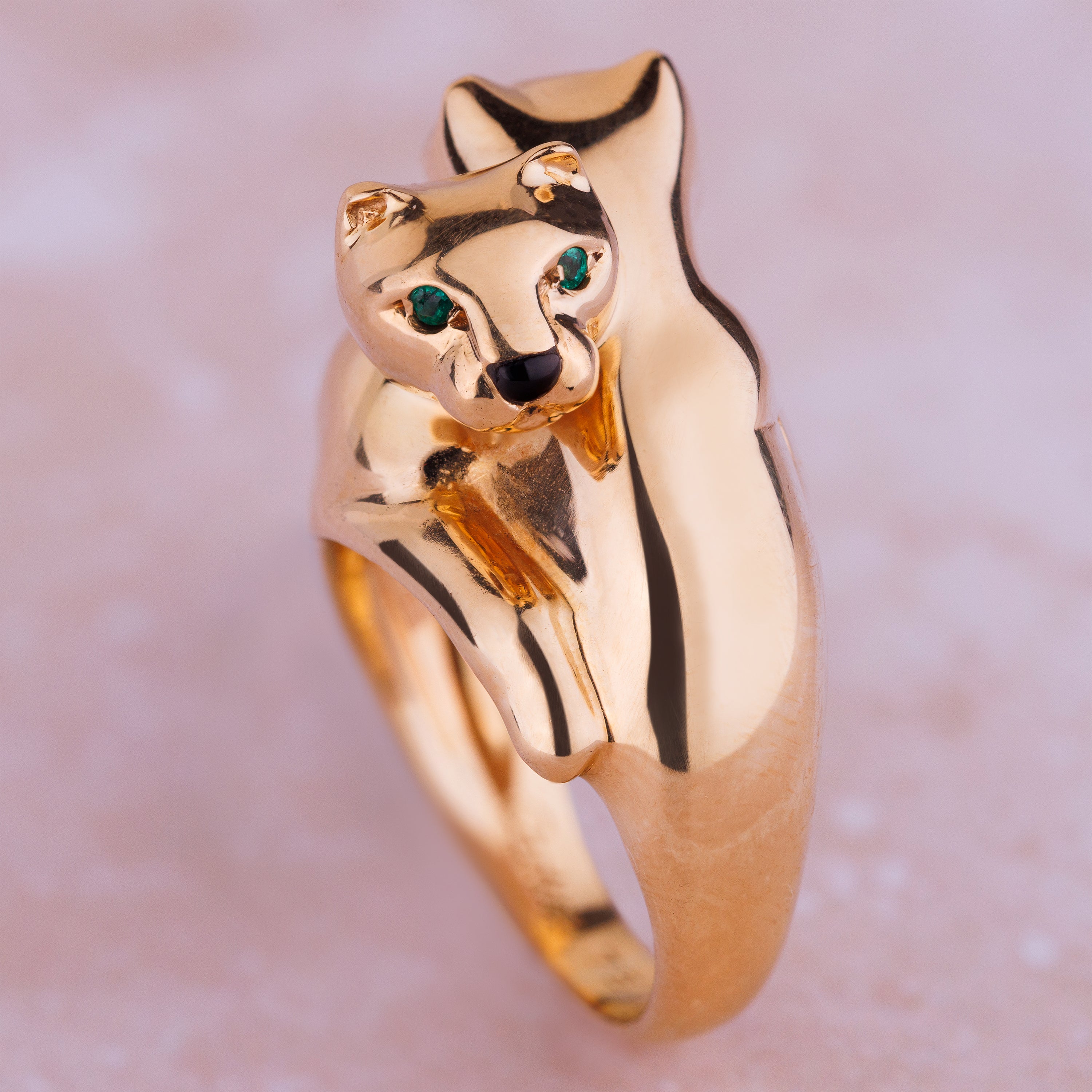 Vintage Cartier Double Panthère Ring | Emerald & Onyx | 18k Yellow Gold | 1990s