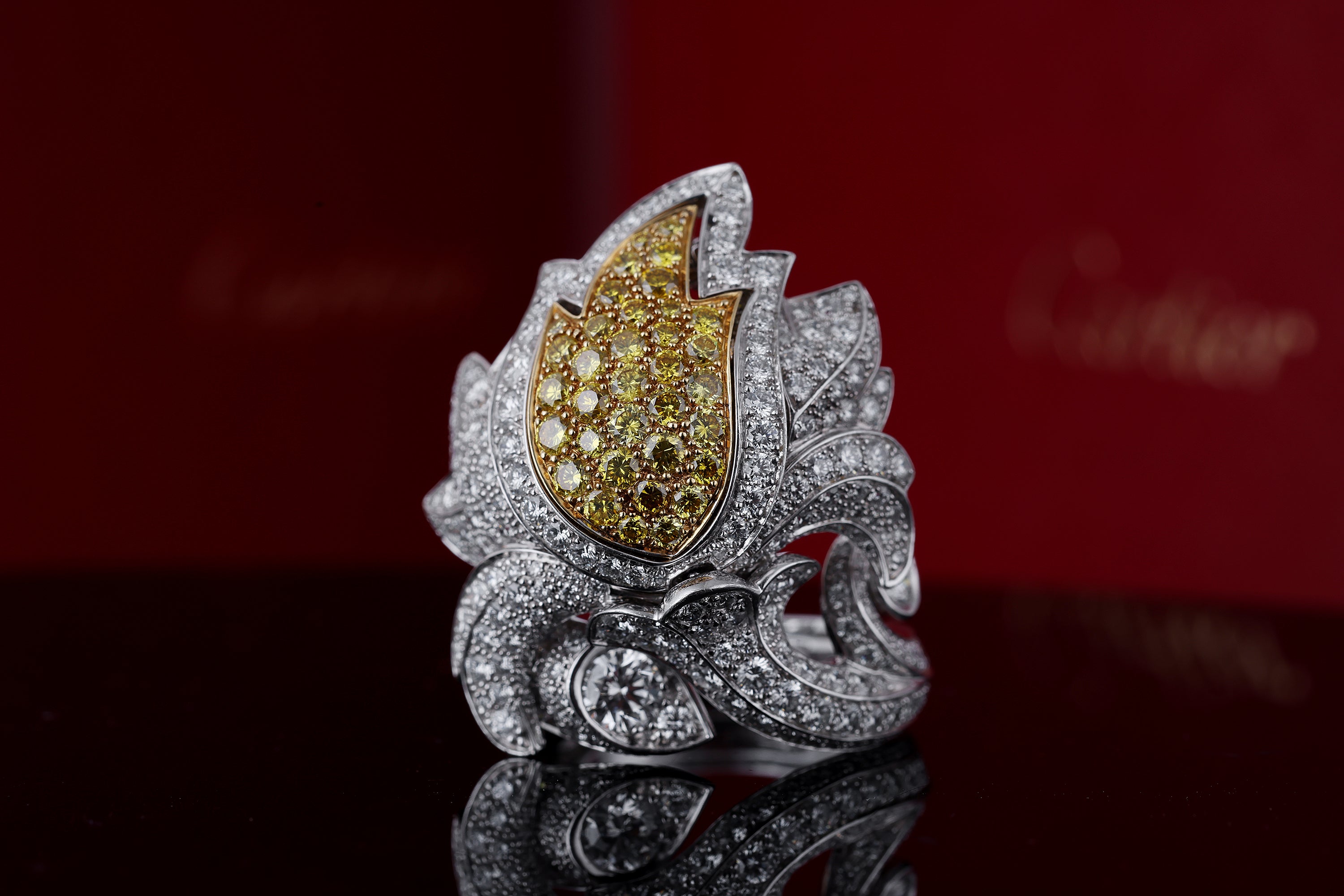 Cartier Platinum Tulip Secret Watch Ring | Pavé Diamonds & Yellow Diamonds | Piece Unique 1 of 1