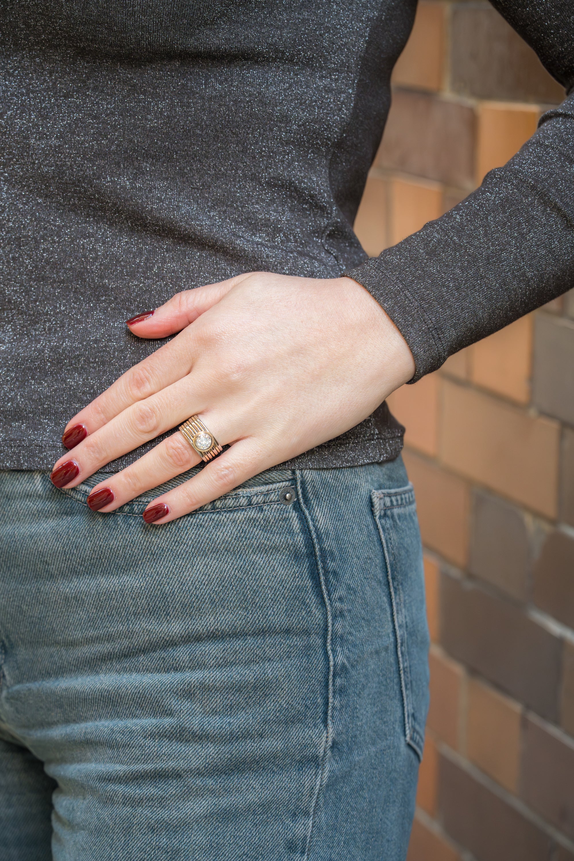 Dual Tone Ribbed Diamond Ring | 18k Yellow & White Gold