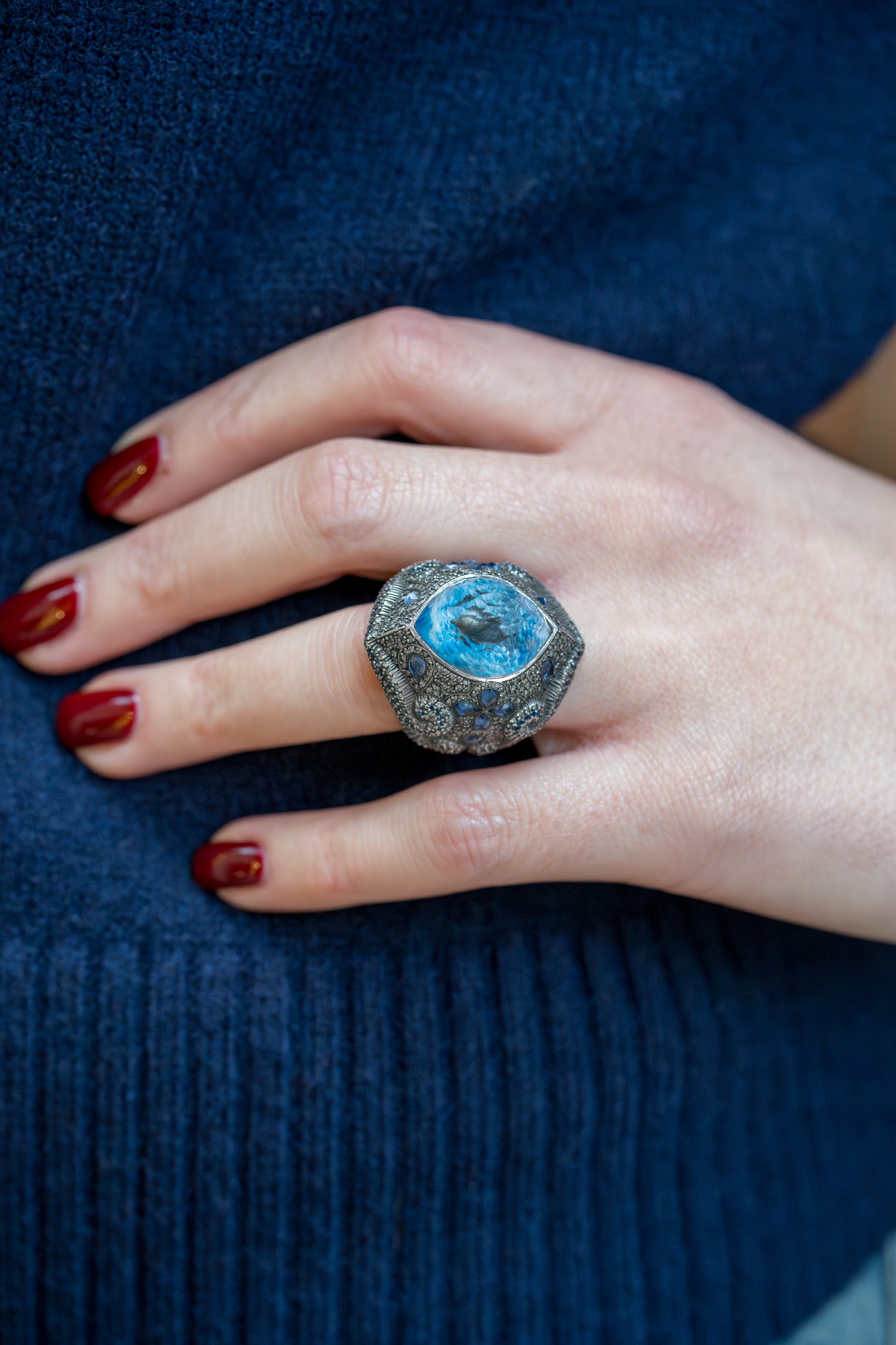Sevan Bıçakçı Dolphin Ring | Blue Sapphire & Pavé Diamonds | Silver & 24k Yellow Gold | 2009