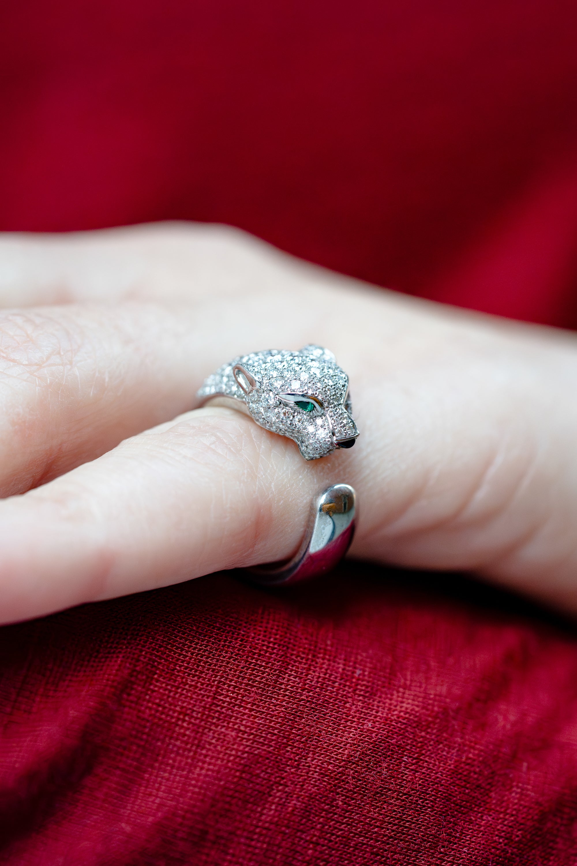 Cartier Panthère De Cartier Ring, Medium Model | Semi-Paved Diamond, Emerald & Onyx | Medium Model | 18k White Gold | Size 51 | Papers | 2020