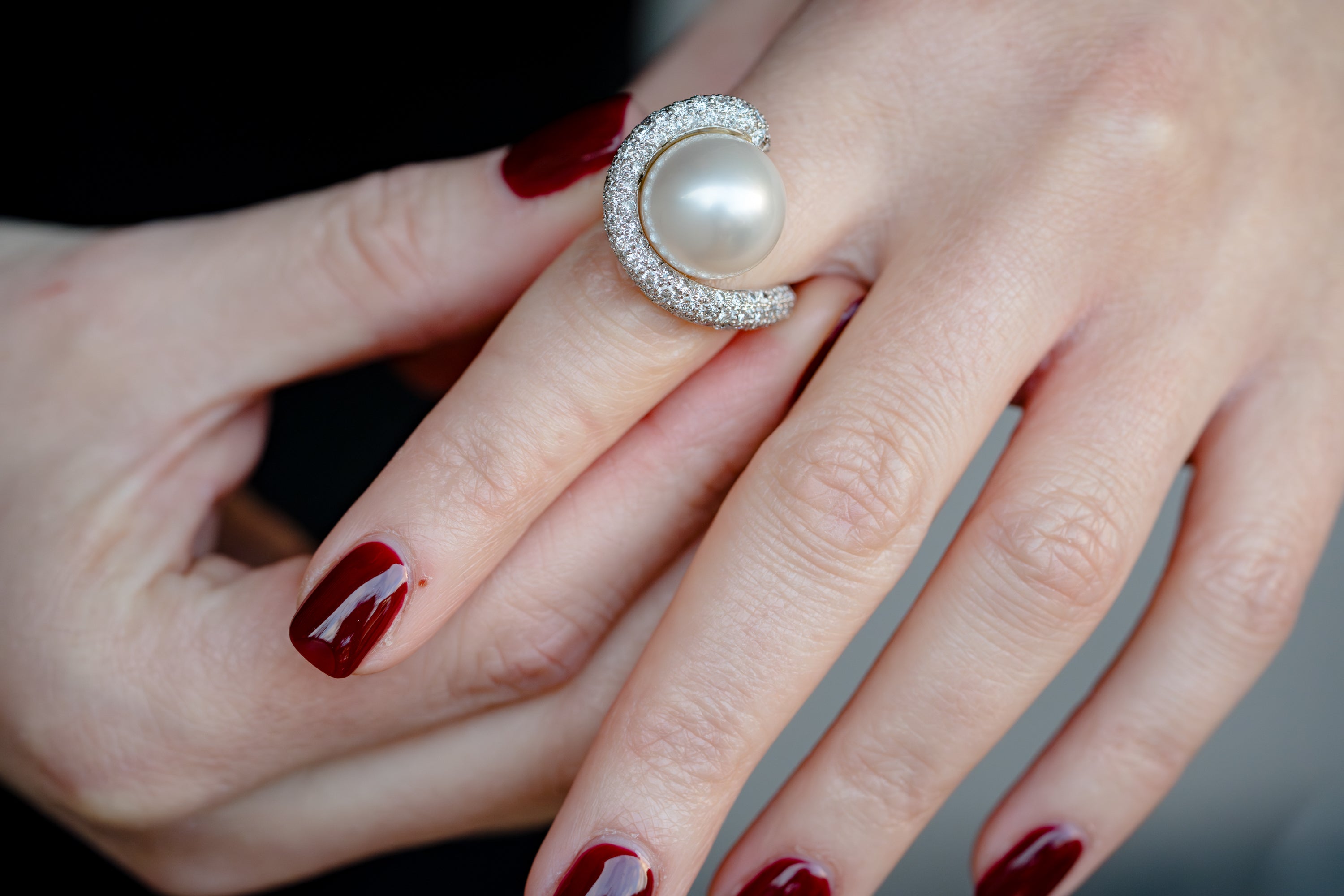 Pearl & Diamond Ring | Pave Diamonds | 18k White Gold