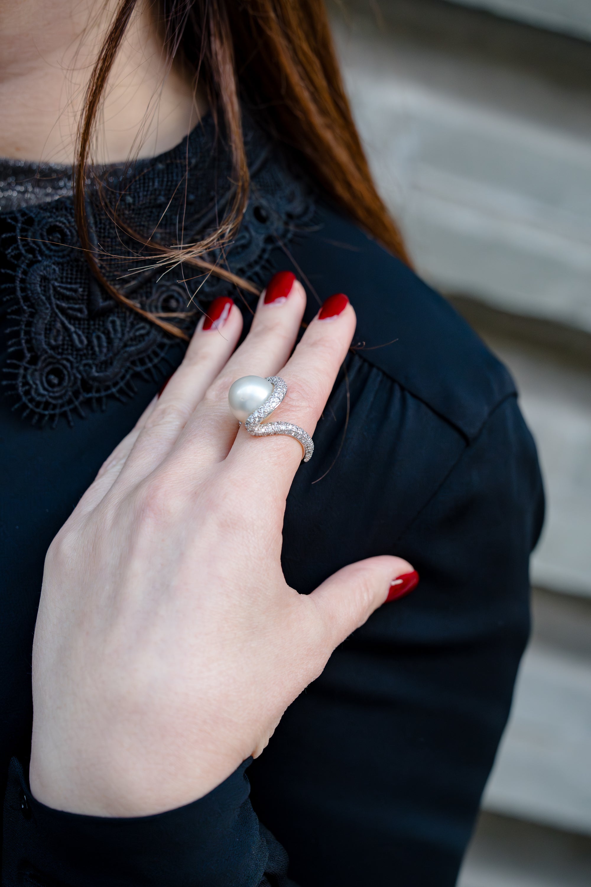 Pearl & Diamond Ring | Pave Diamonds | 18k White Gold