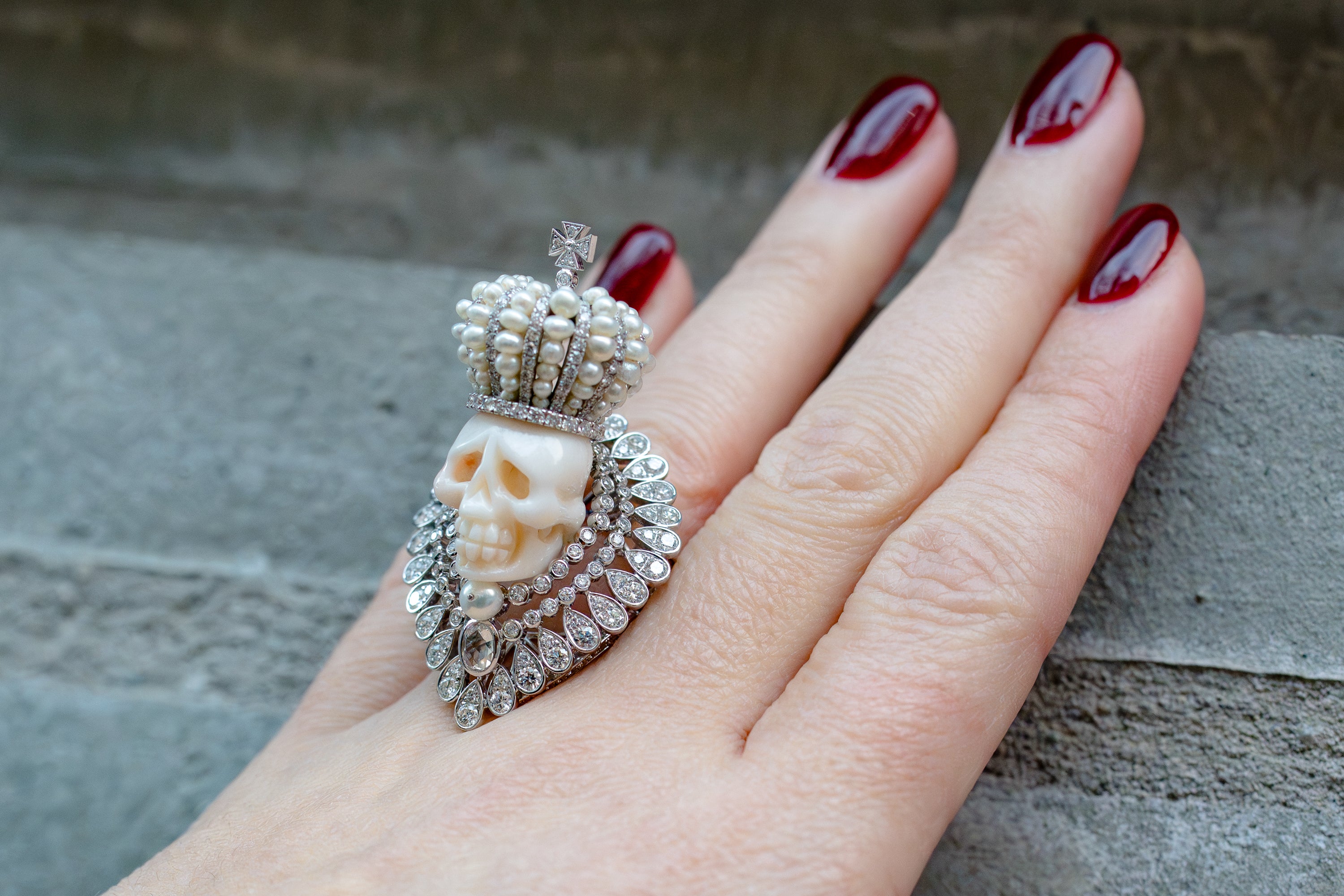Regal Skeleton Ring with Pearls & Pavé Diamonds | 18k White Gold