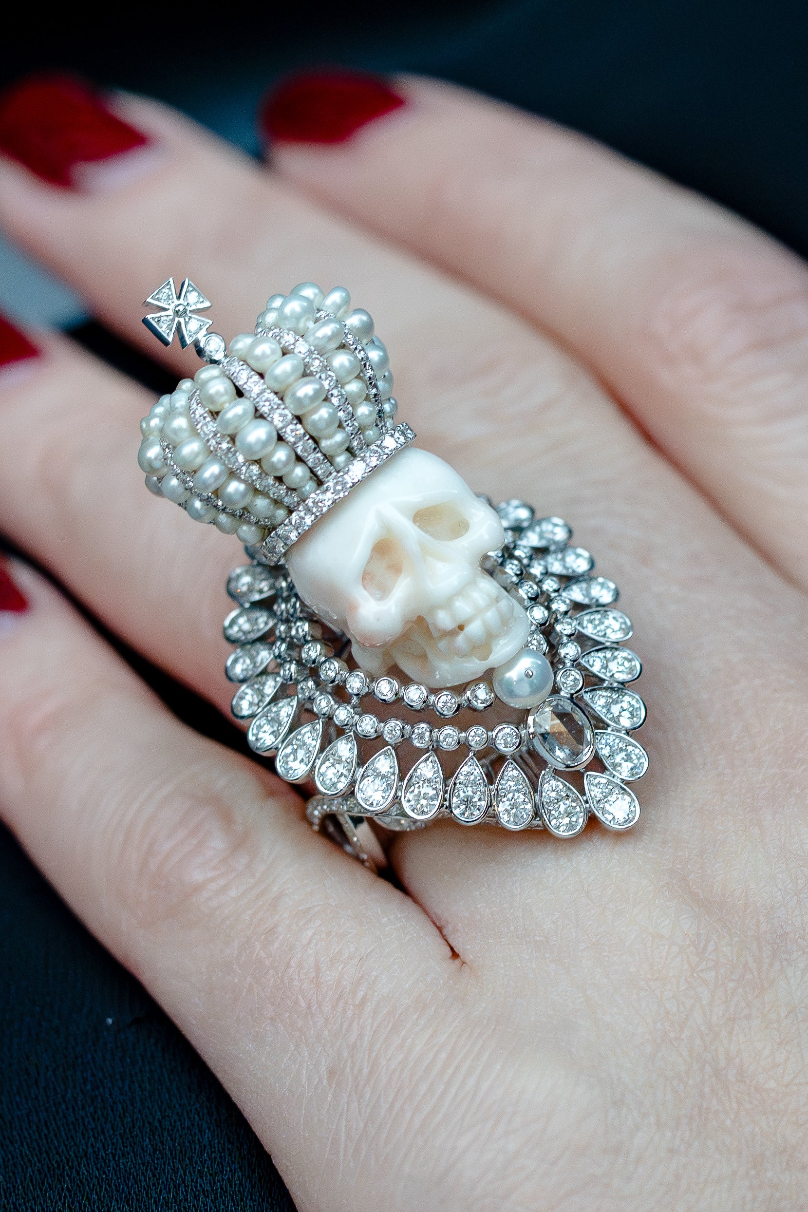 Regal Skeleton Ring with Pearls & Pavé Diamonds | 18k White Gold