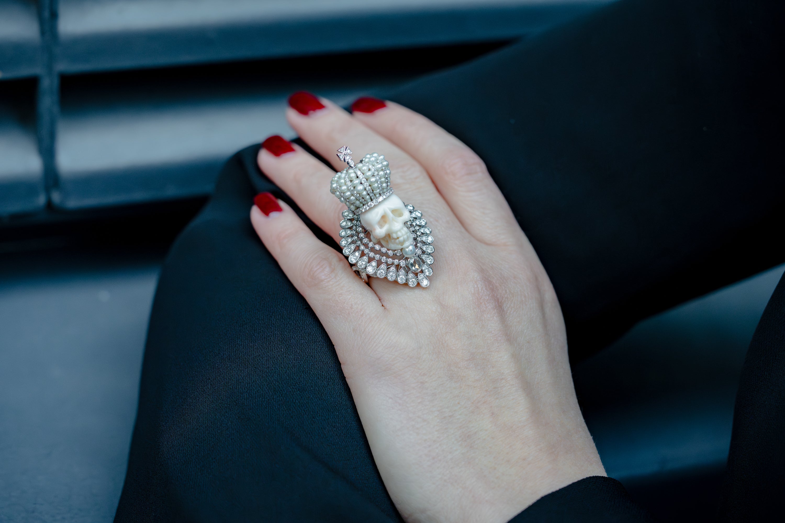 Regal Skeleton Ring with Pearls & Pavé Diamonds | 18k White Gold