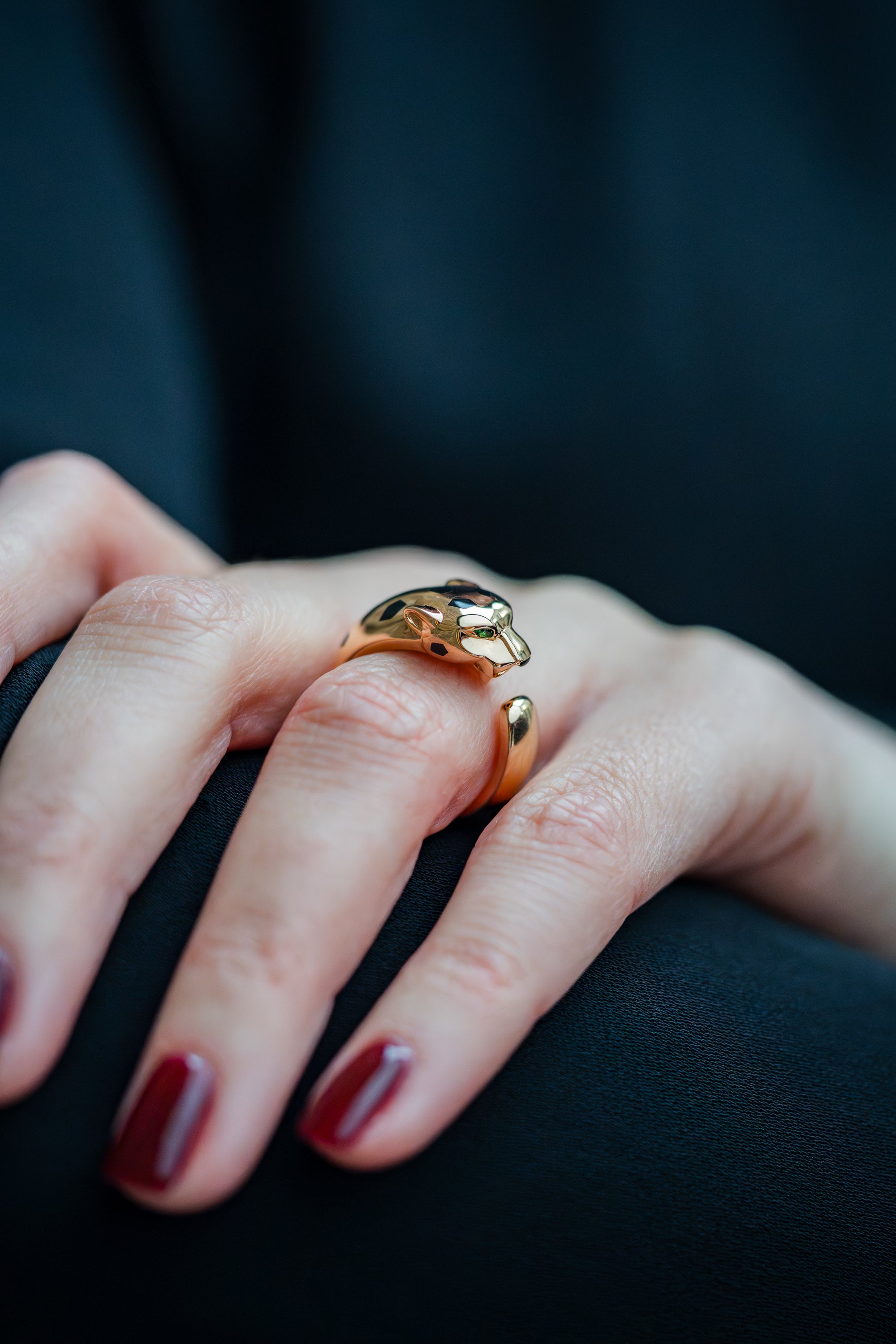 Cartier Panthère De Cartier Ring | Medium Model | Tsavorite Garnets & Onyx | 18k Rose Gold | Size 56 | Box & Papers | 2024