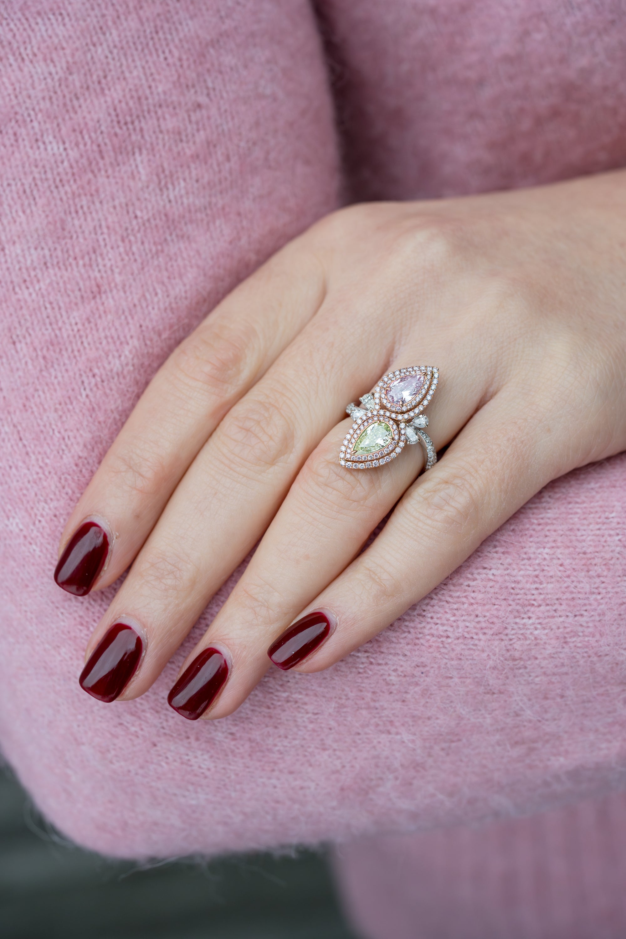 Pink & Green Pear-Shaped Diamond & Sapphire Ring | 18k White & Rose Gold