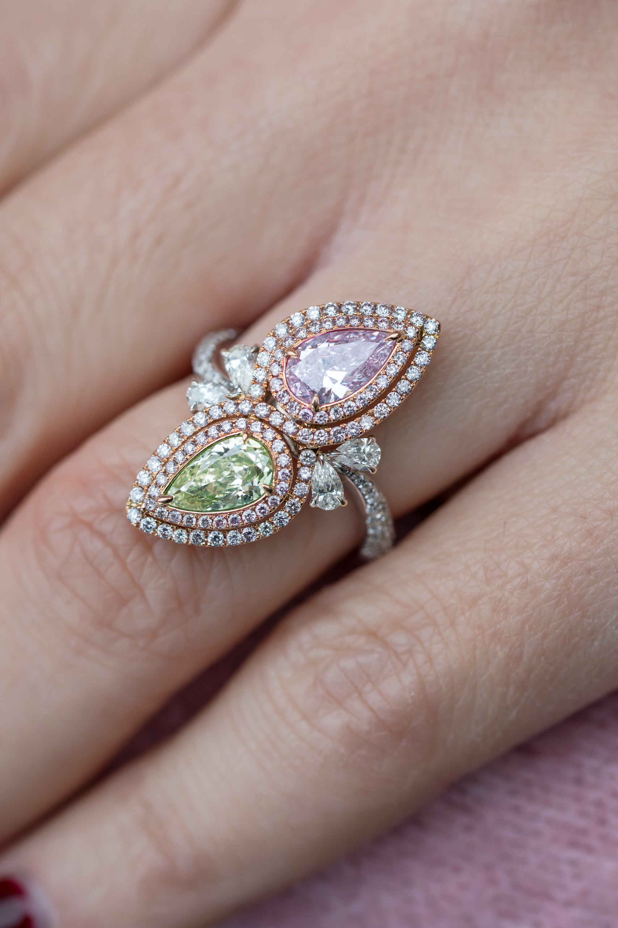 Pink & Green Pear-Shaped Diamond & Sapphire Ring | 18k White & Rose Gold