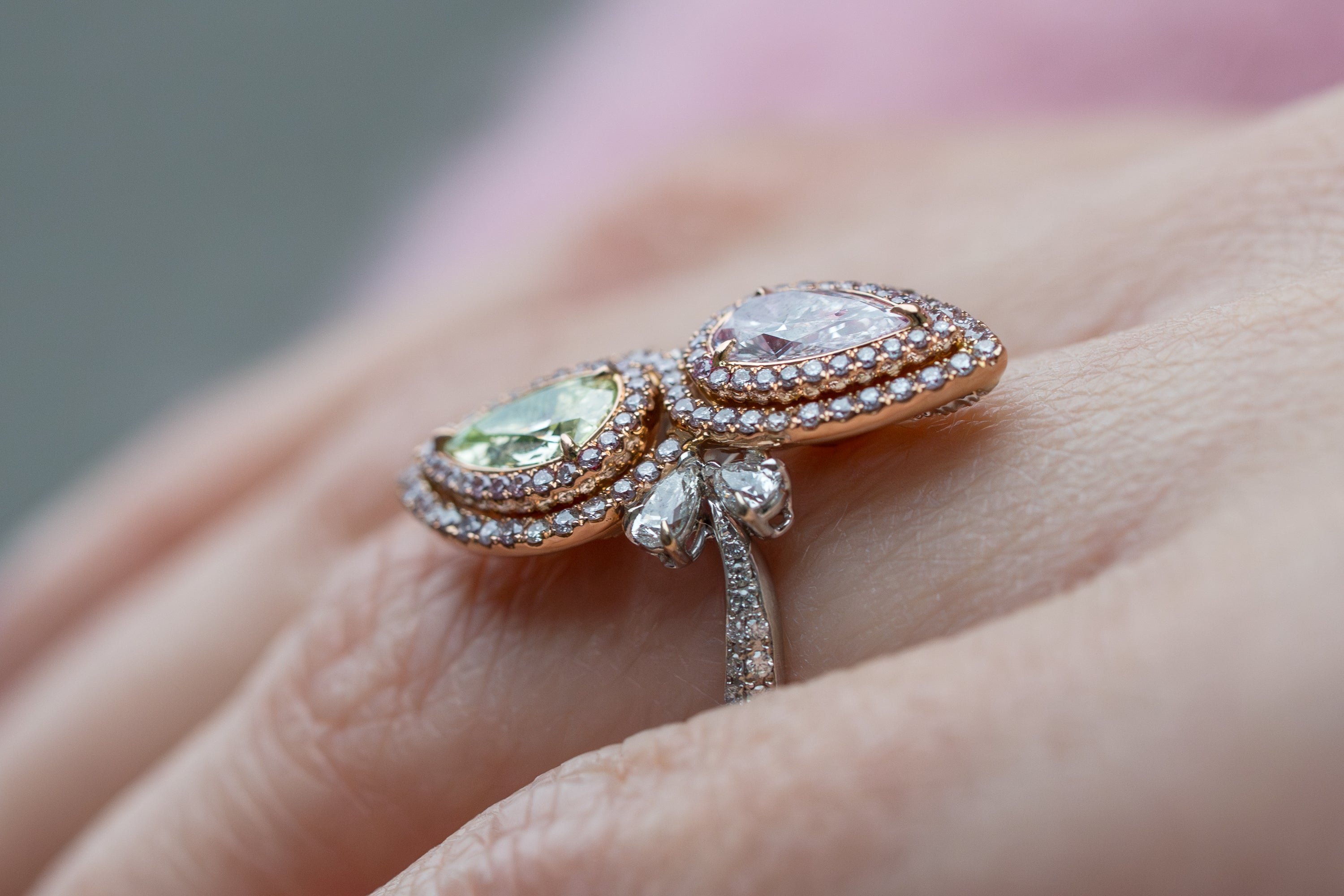 Pink & Green Pear-Shaped Diamond & Sapphire Ring | 18k White & Rose Gold