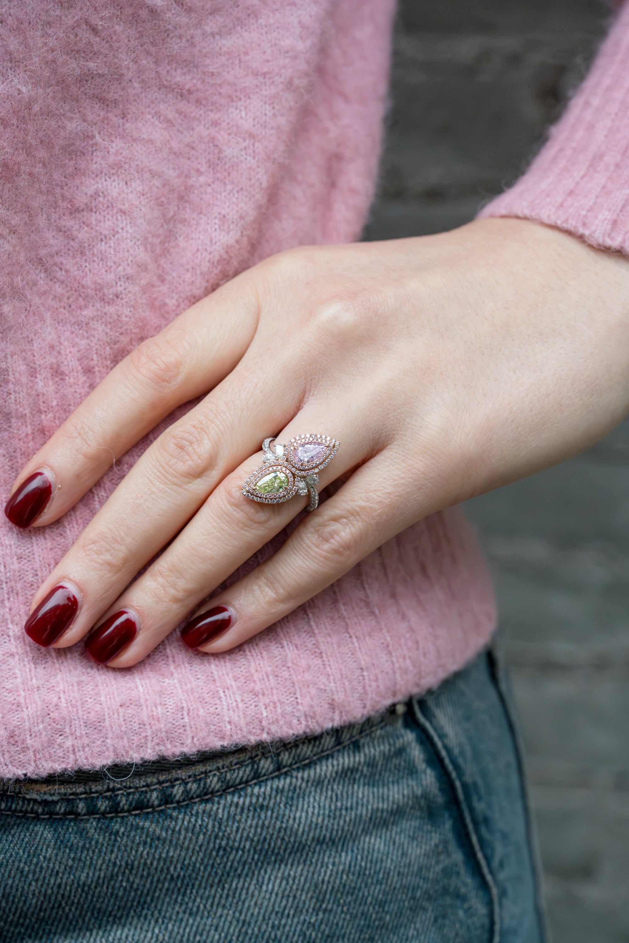 Pink & Green Pear-Shaped Diamond & Sapphire Ring | 18k White & Rose Gold
