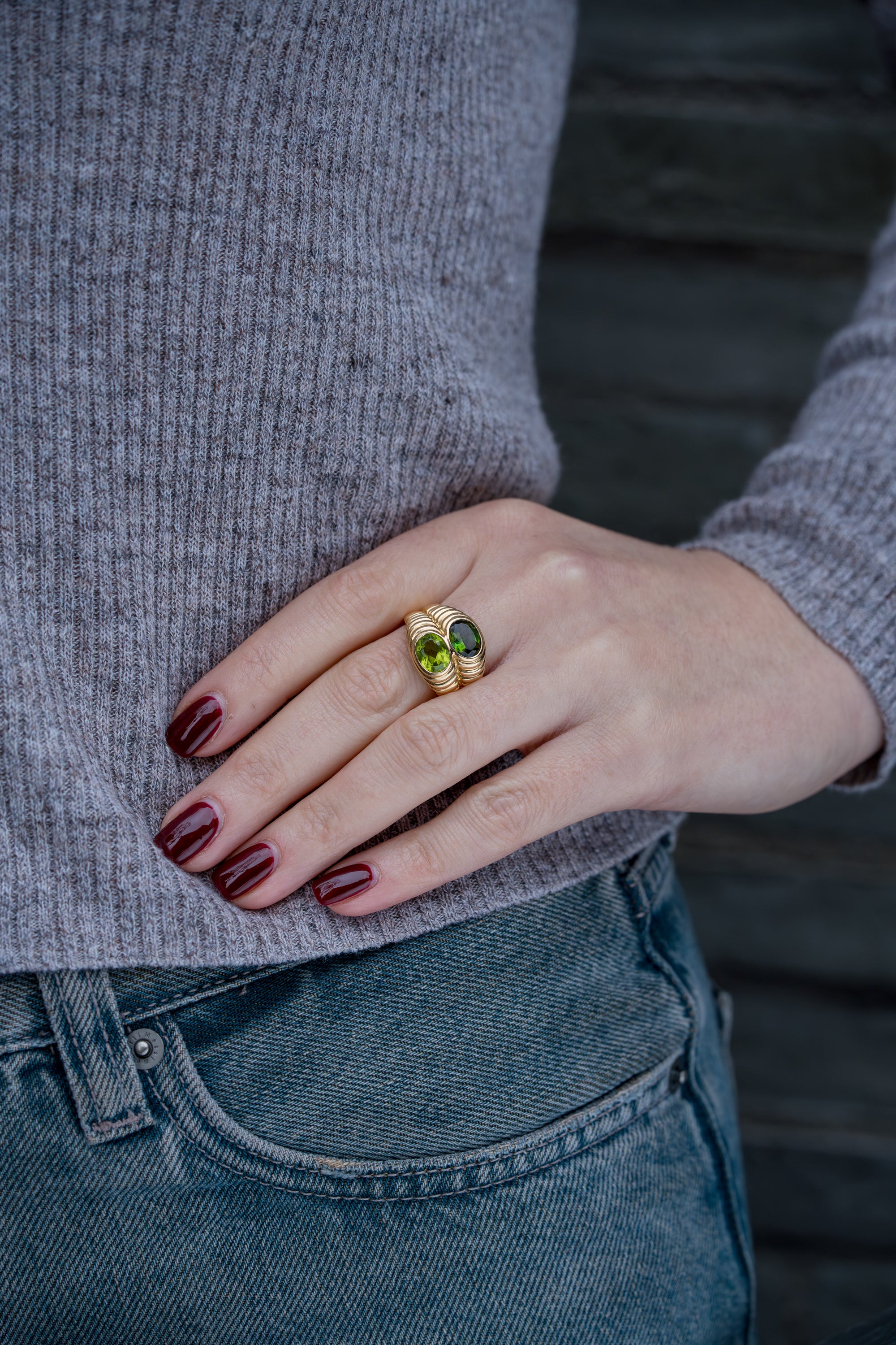 Bvlgari Doppio Baccellato Ring | Peridot & Green Tourmaline | 18k Yellow Gold | 1980's
