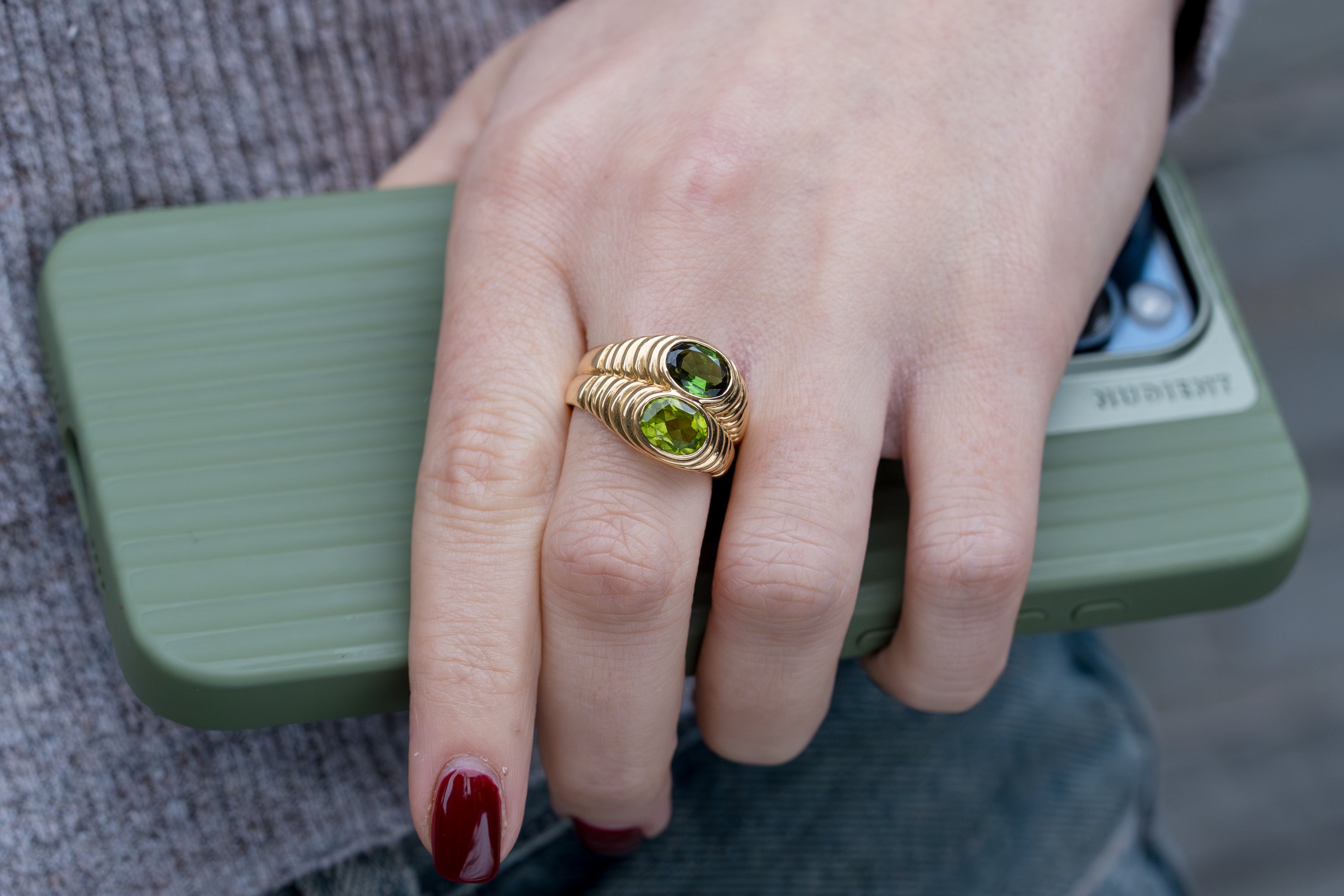 Bvlgari Doppio Baccellato Ring | Peridot & Green Tourmaline | 18k Yellow Gold | 1980's