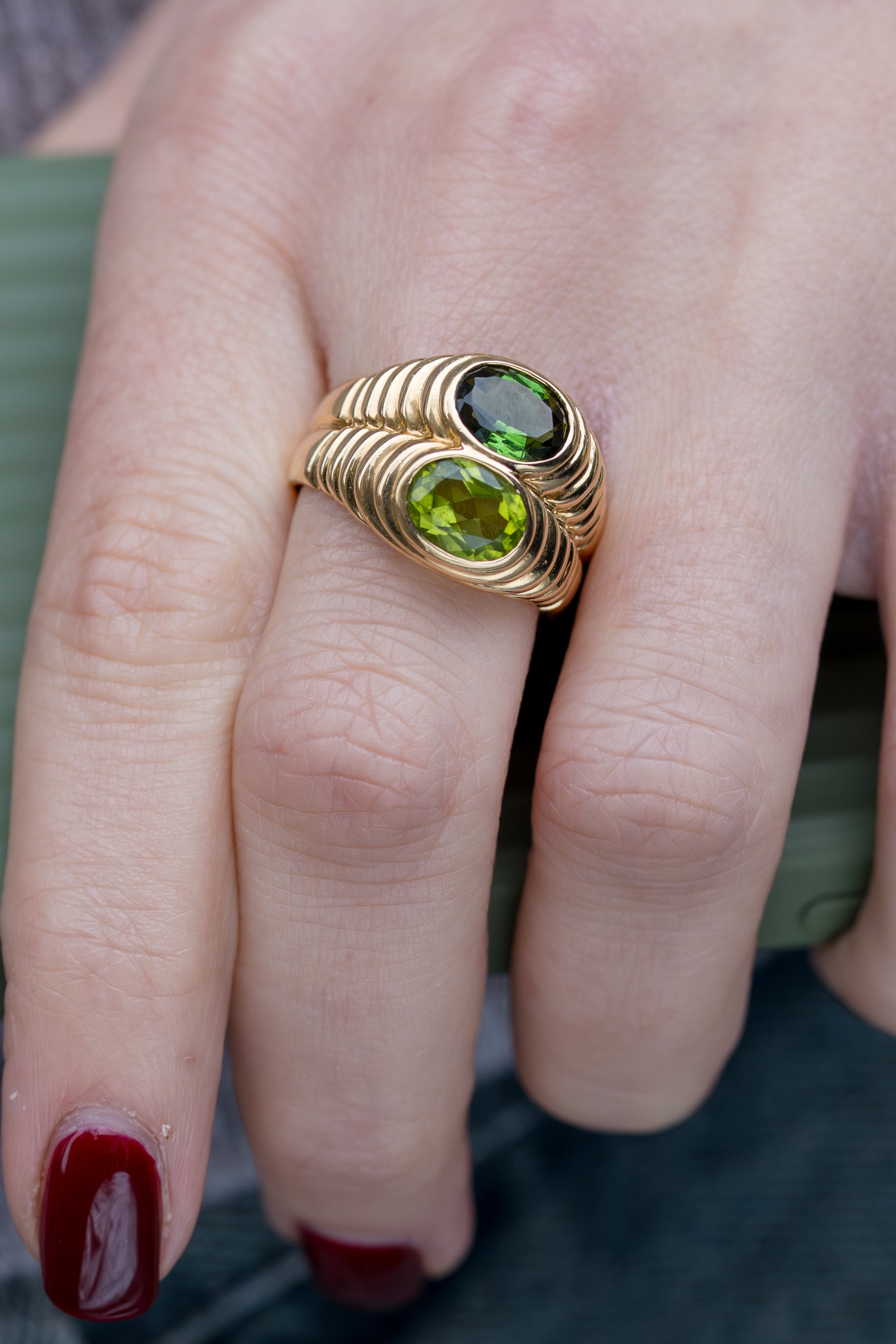 Bvlgari Doppio Baccellato Ring | Peridot & Green Tourmaline | 18k Yellow Gold | 1980's