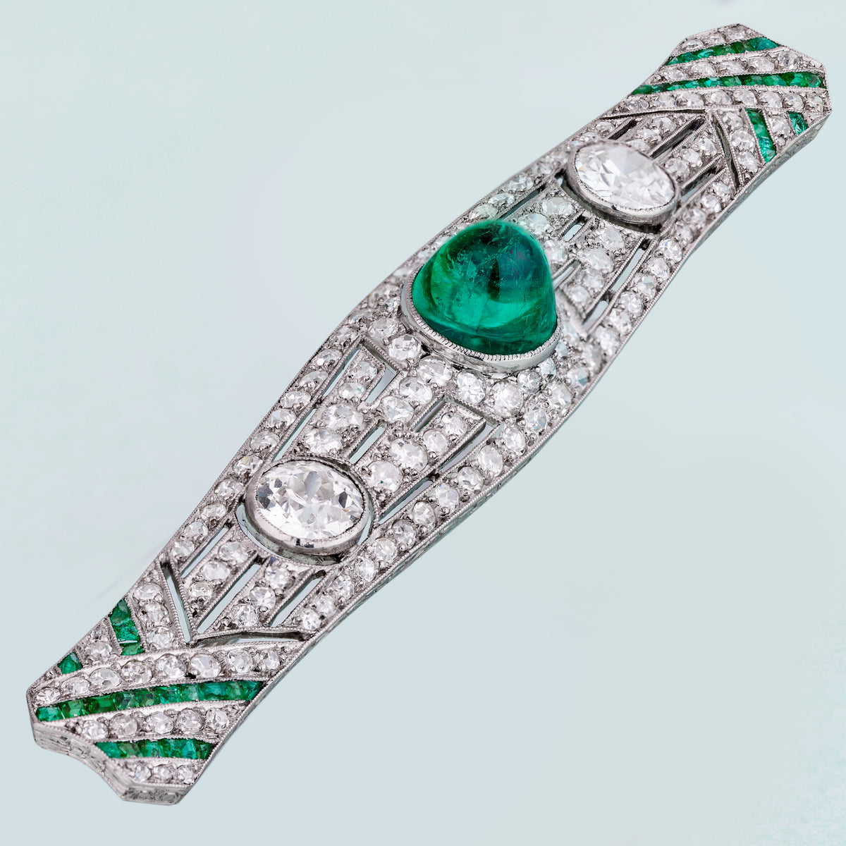 Edwardian Platinum 3ct Colombian Emerald & Diamond Bar Brooch | Circa 1910s