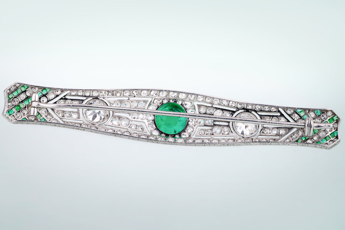 Edwardian Platinum 3ct Colombian Emerald & Diamond Bar Brooch | Circa 1910s