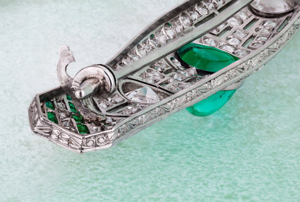 Edwardian Platinum 3ct Colombian Emerald & Diamond Bar Brooch | Circa 1910s