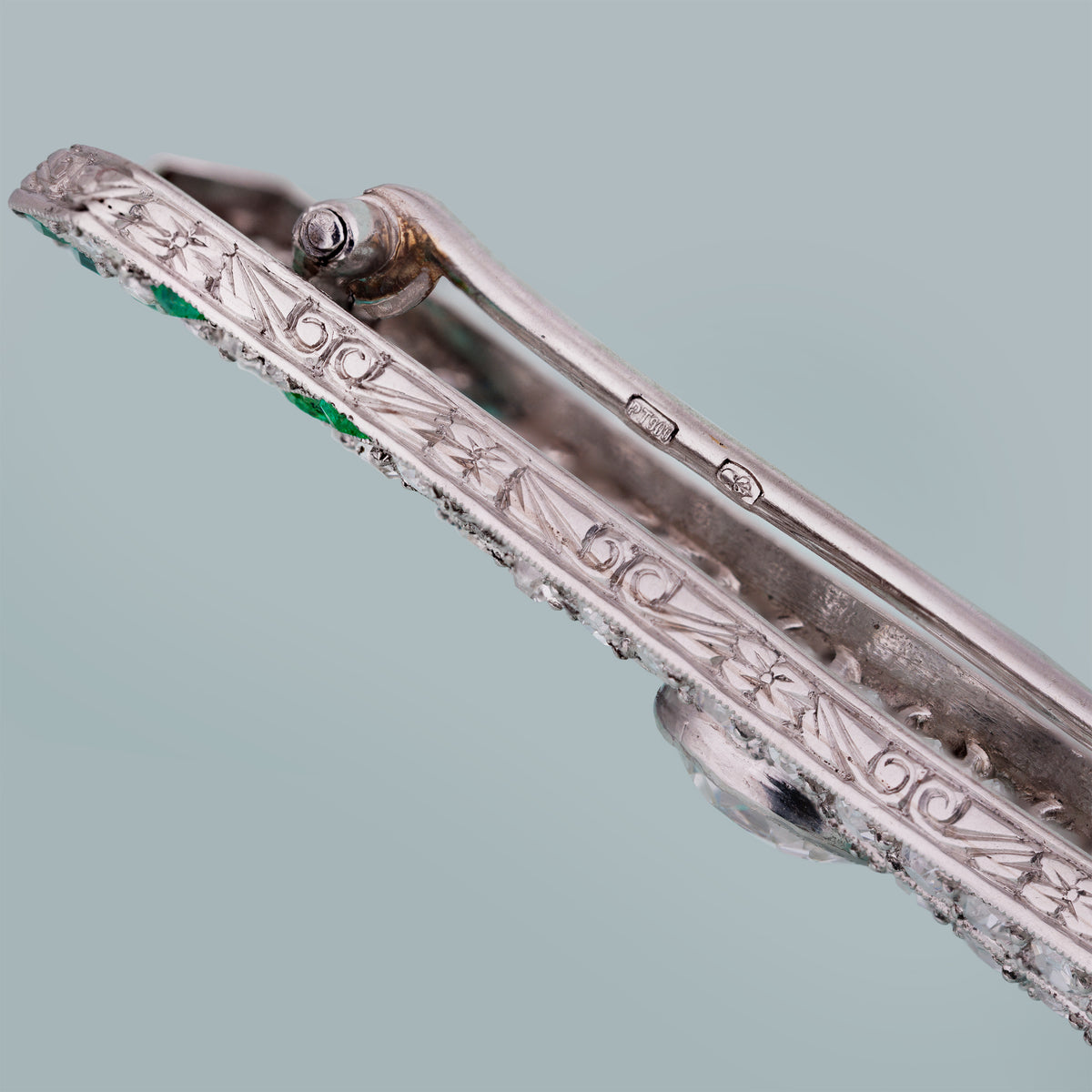 Edwardian Platinum 3ct Colombian Emerald & Diamond Bar Brooch | Circa 1910s