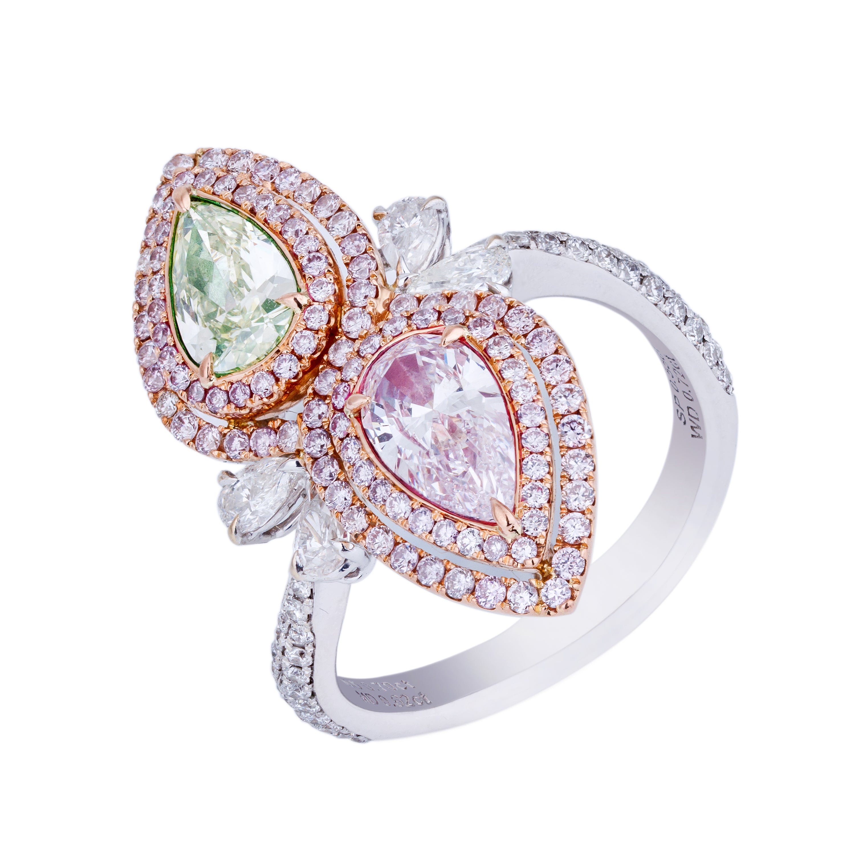 Pink & Green Pear-Shaped Diamond & Sapphire Ring | 18k White & Rose Gold