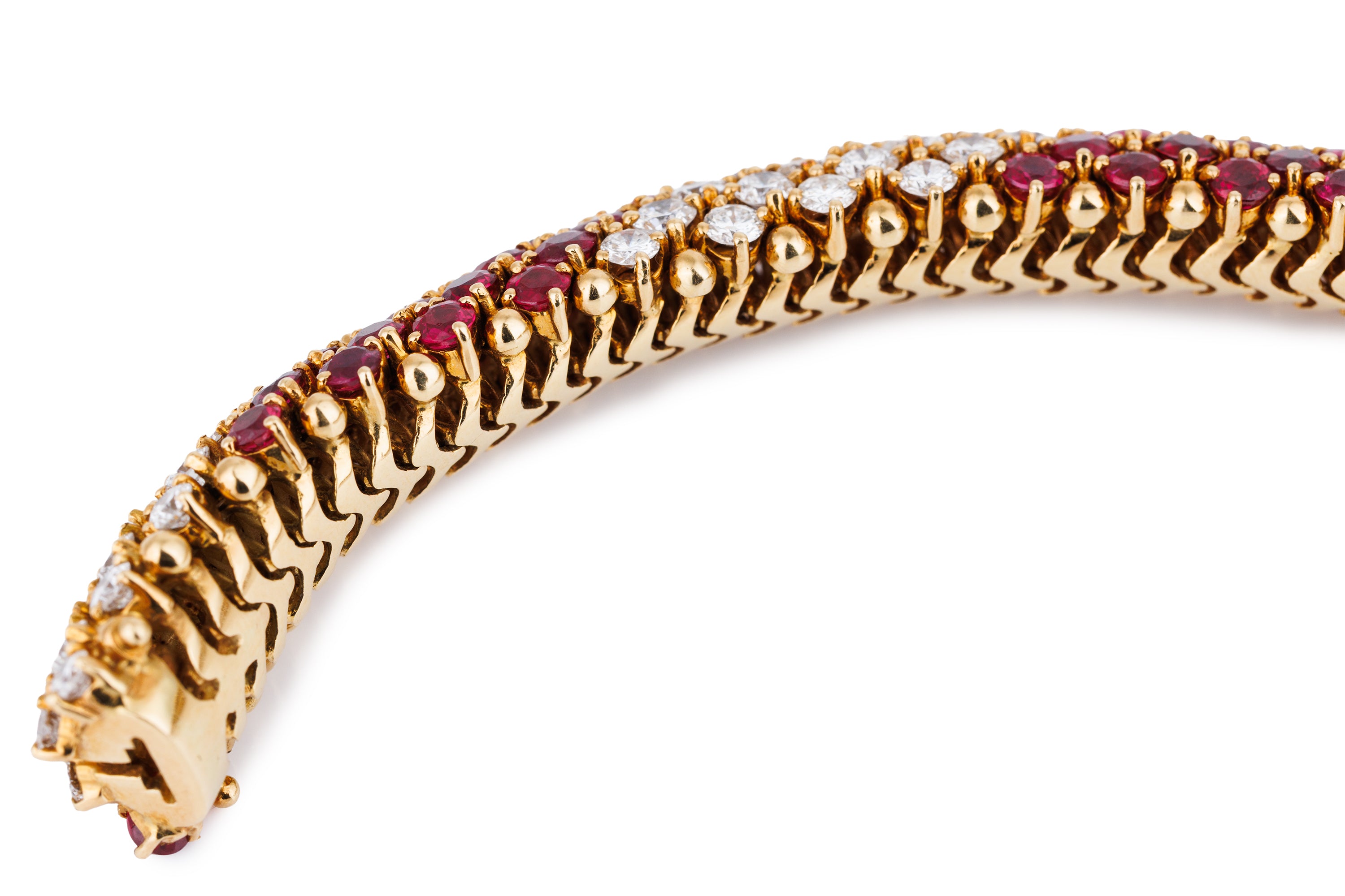 Articulated Ruby & Diamond Harlequin Lattice Bracelet | 18k Yellow Gold | Circa 1980's