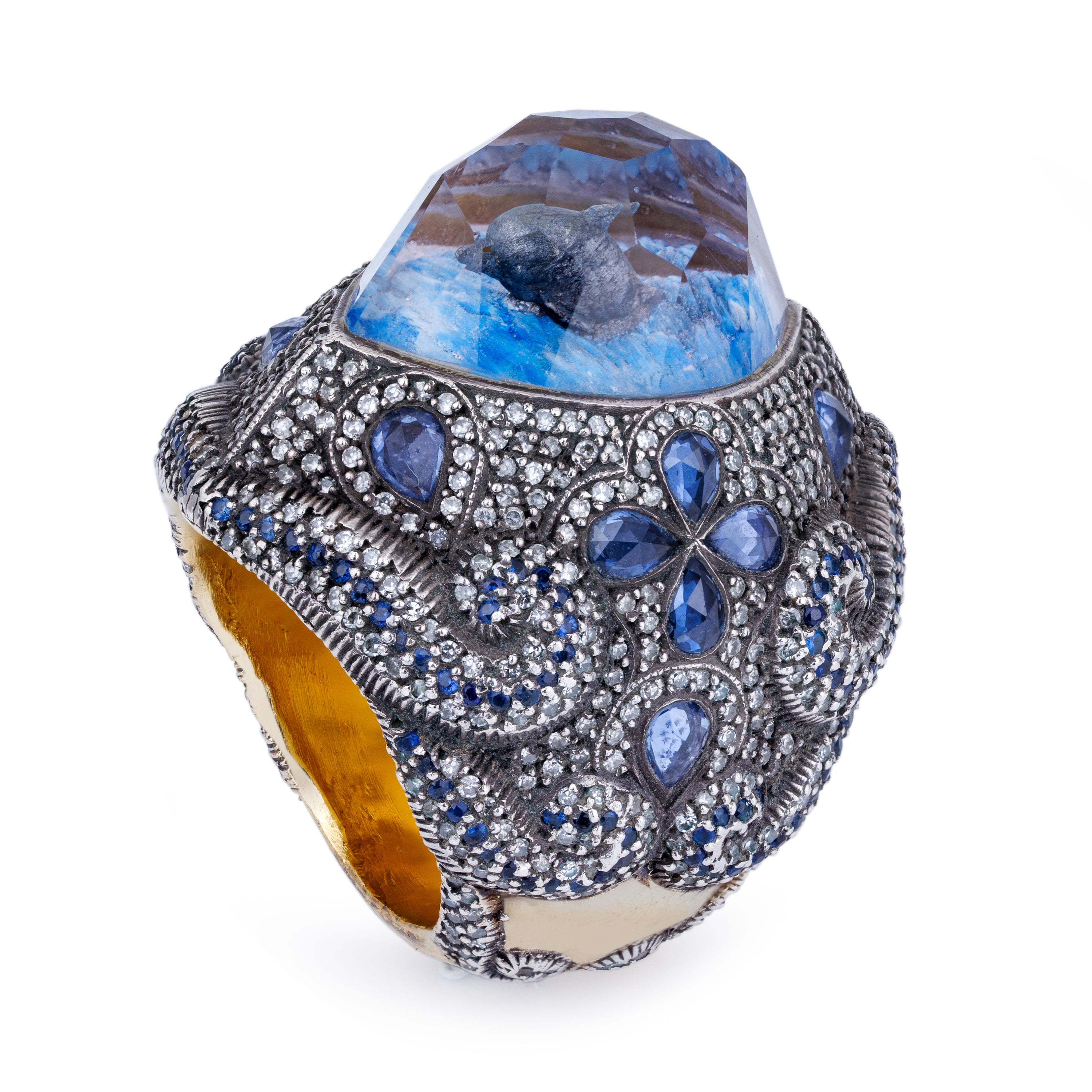 Sevan Bıçakçı Dolphin Ring | Blue Sapphire & Pavé Diamonds | Silver & 24k Yellow Gold | 2009
