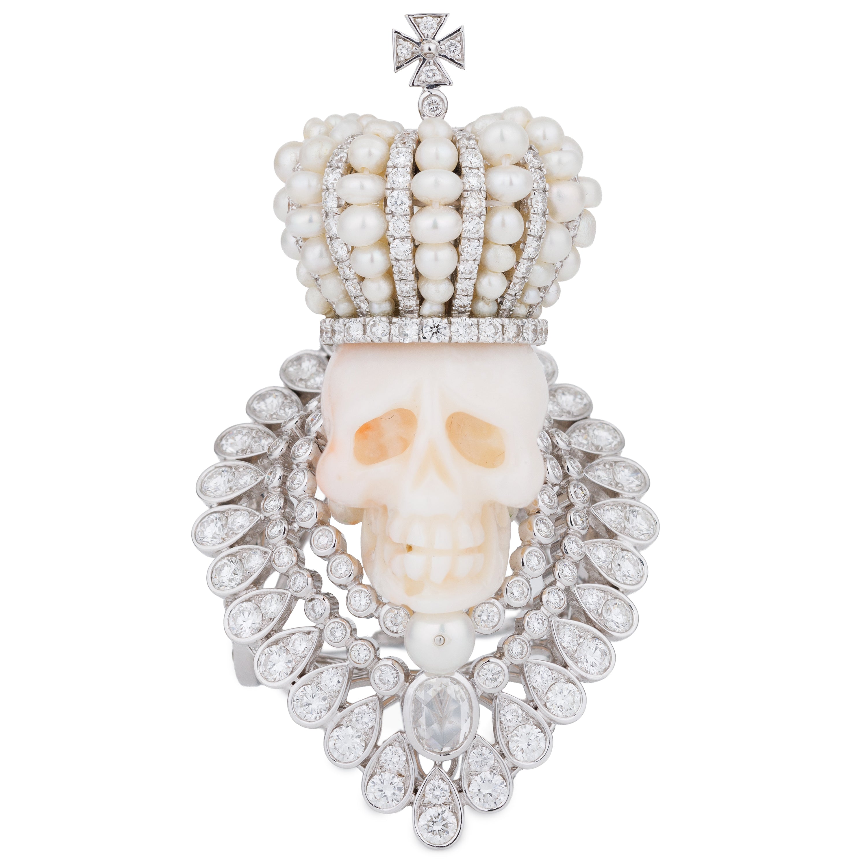 Regal Skeleton Ring with Pearls & Pavé Diamonds | 18k White Gold