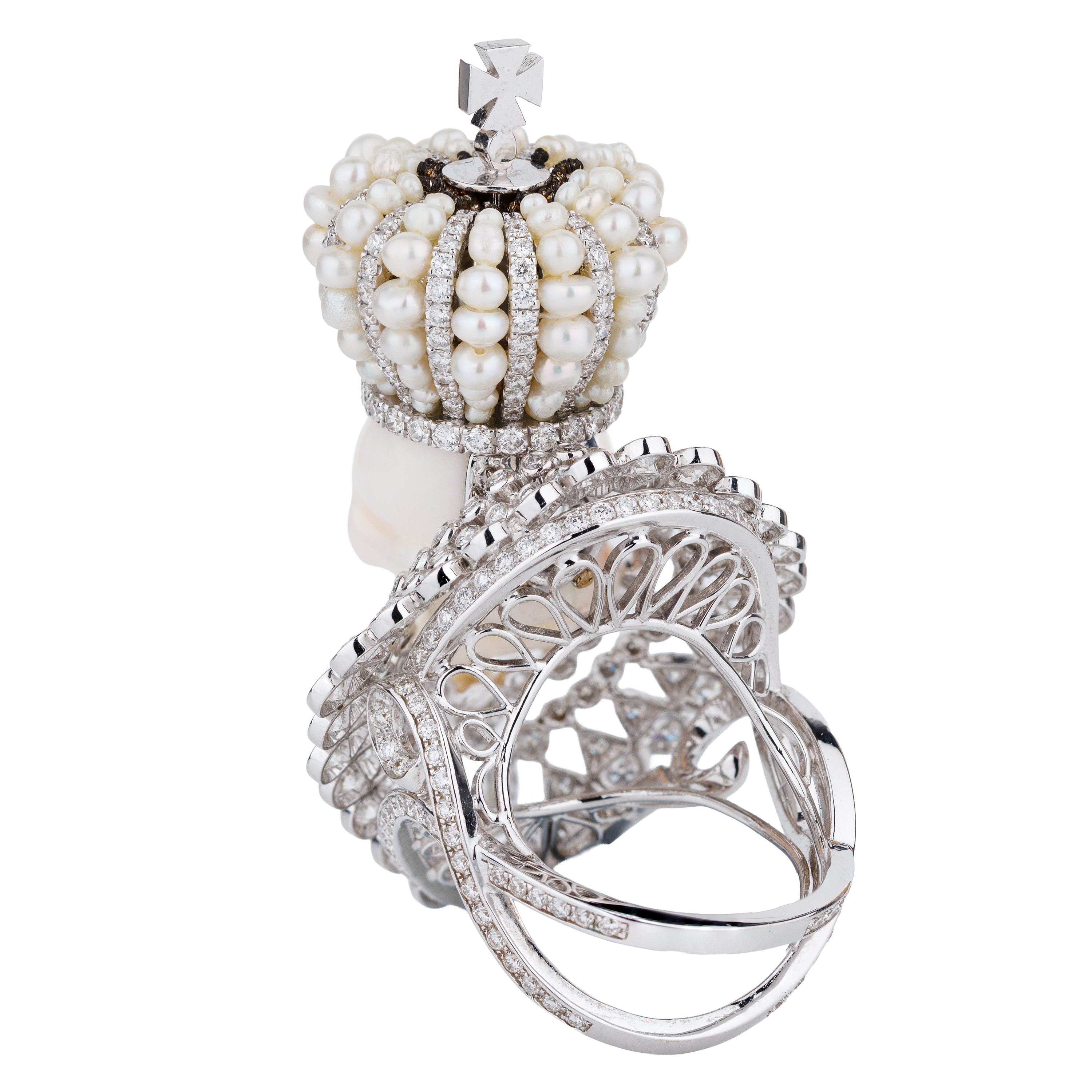 Regal Skeleton Ring with Pearls & Pavé Diamonds | 18k White Gold