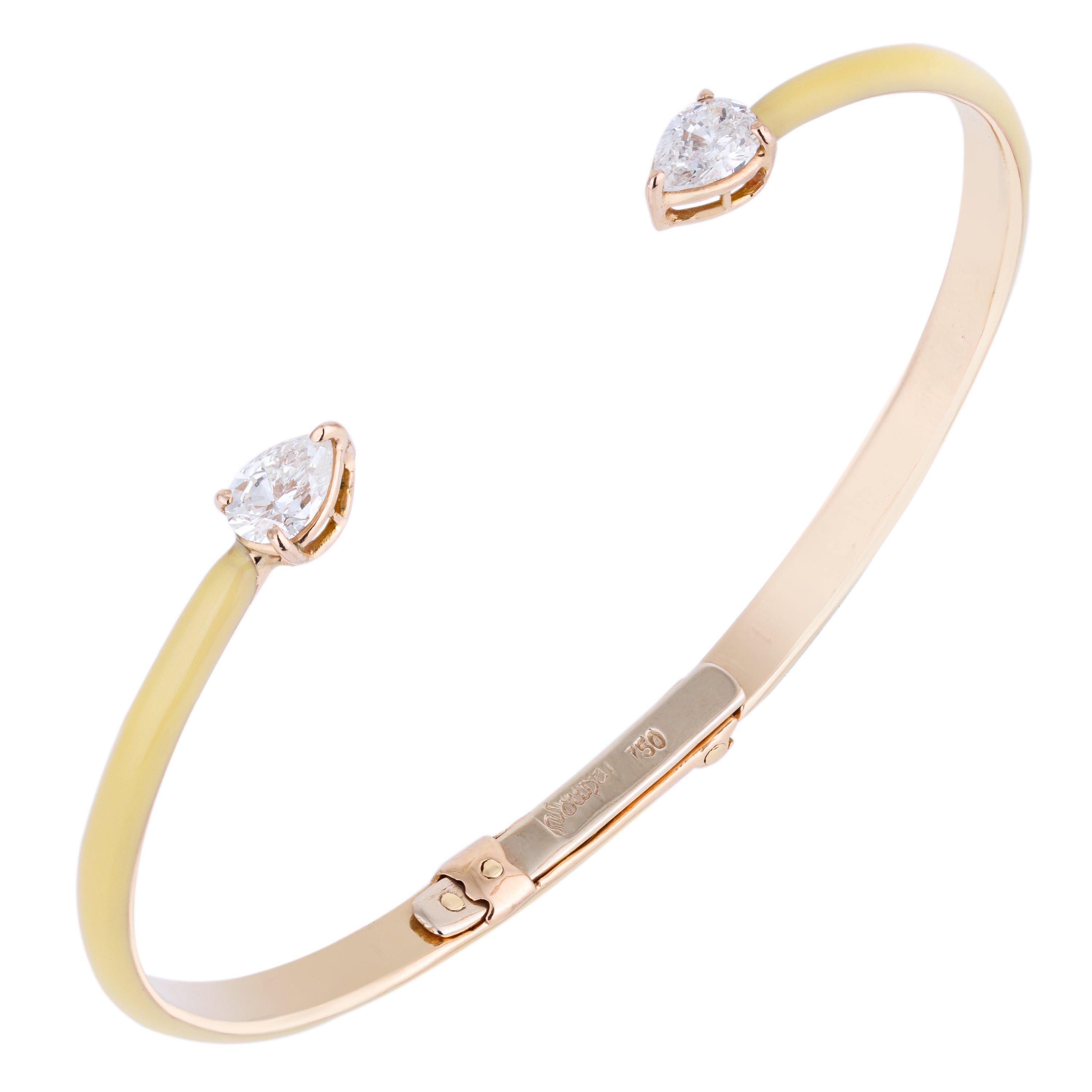 Yellow Enamel & 18k Rose Gold Open Bangle Bracelet | Pear-Shaped Diamonds
